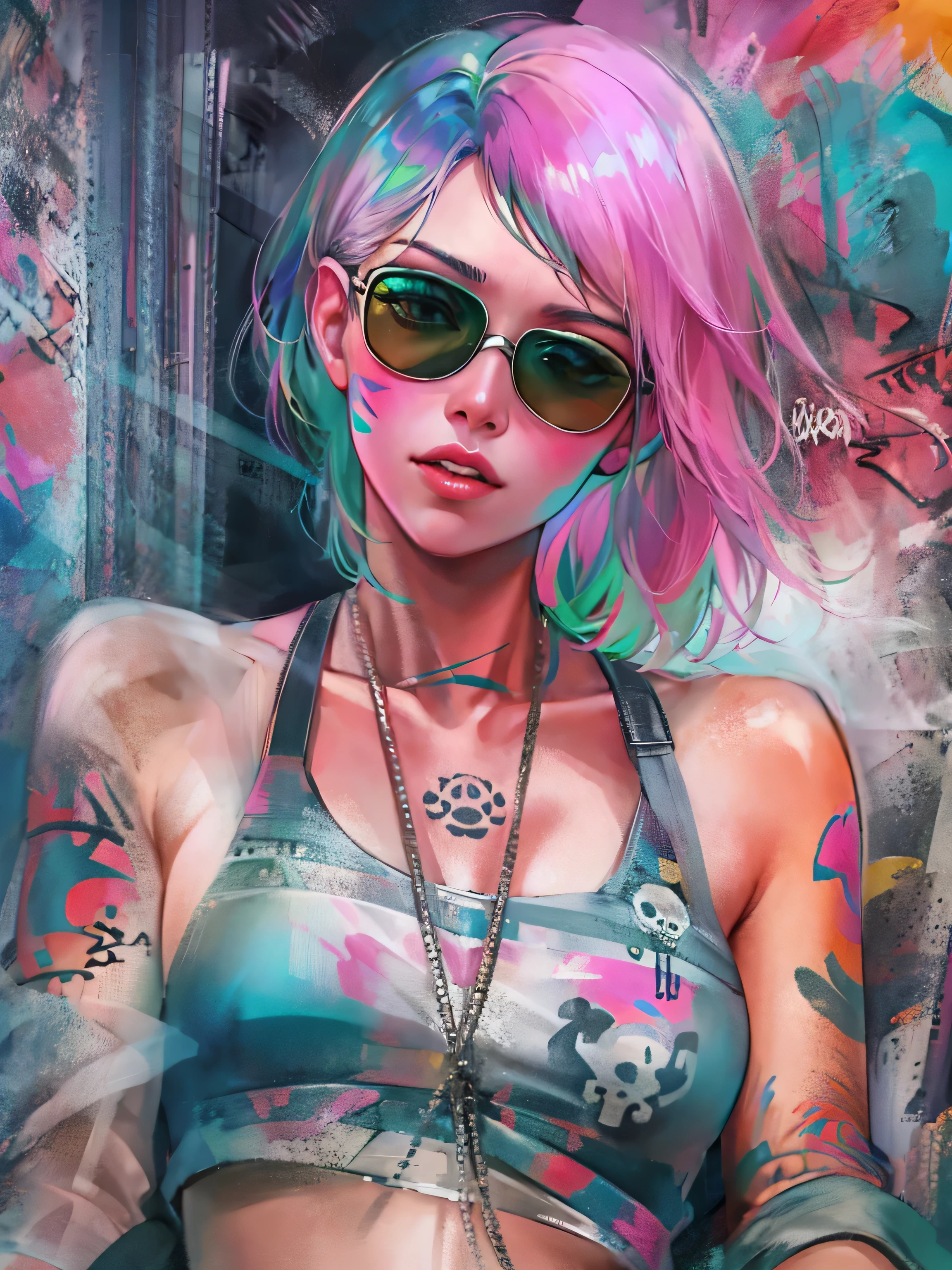 watercolor painting, 8K resolution、((highest quality))、((masterpiece))、((Super detailed))、1 female、alone、incredibly absurd、 (((The most beautiful pirate girl of all time))), (((Stylish sunglasses))), lips in love, white skin, pirate bandana, (((skull fashion))), neon、short cut hair、small breasts, (((graffiti art))), colorful hair, provocative