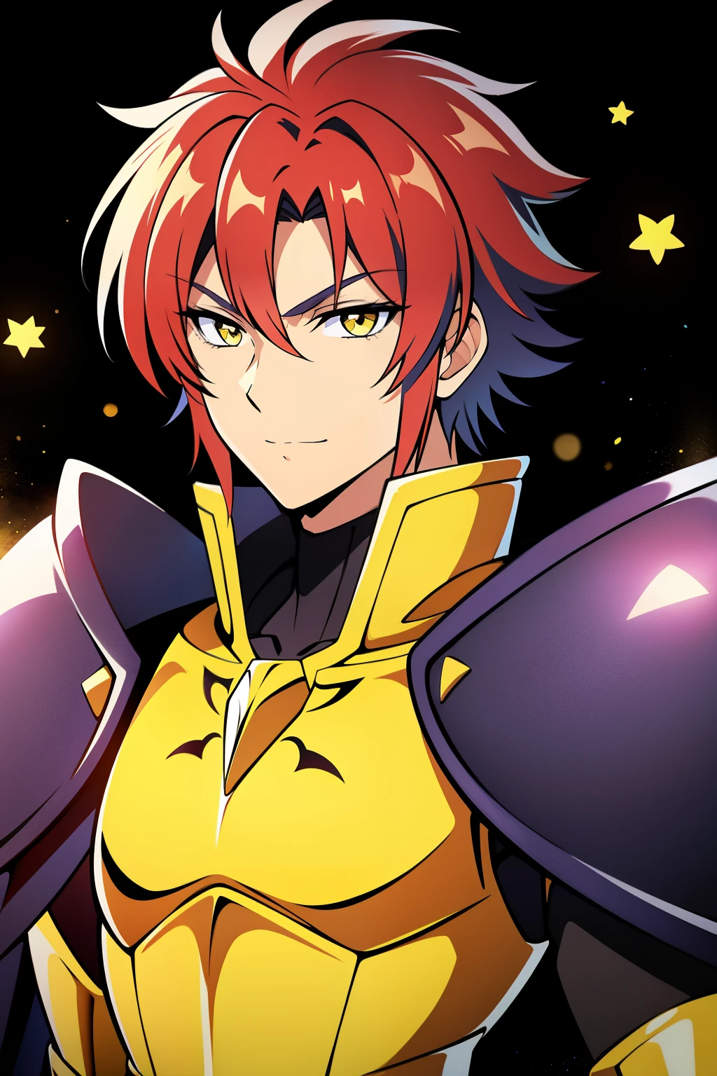 (high-quality, breathtaking),(expressive eyes, perfect face), 1male, male, solo, half body, armor, dark onyx purple armor, saint seiya armor, spectre armor, fantasy armor, red hair, short length hair, yellow eyes, ( watercolor \(medium\), black background, small stars background, small smile, zoom out
