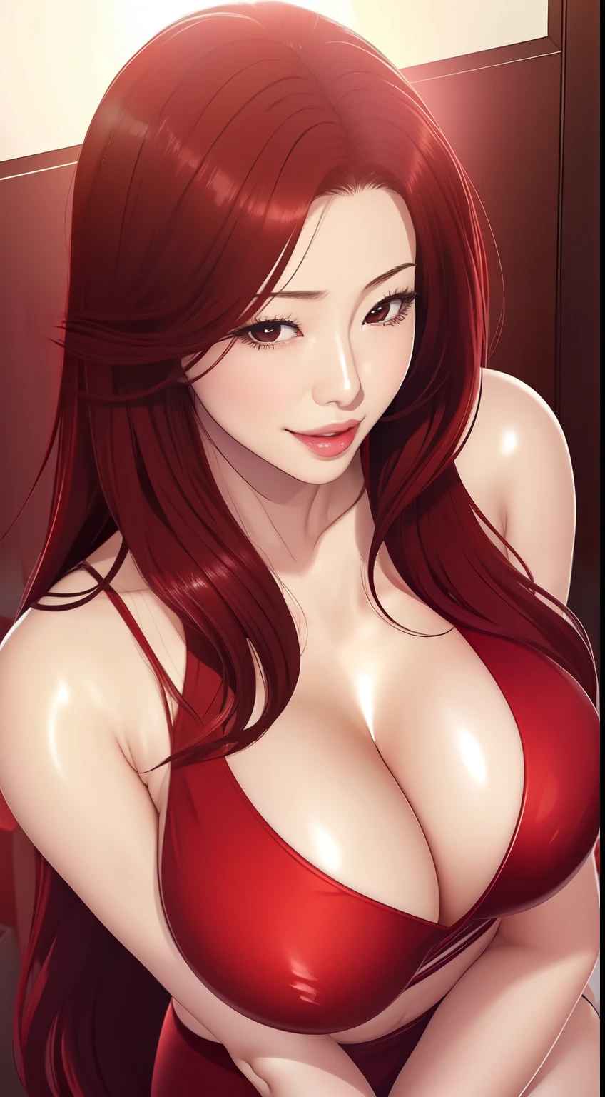 Joshiochi,1 girl,long hair,Red hair,bangs,swollen lips,painted lips, thick lips,reveal cleavage, erotic, smile,Hitomi Tanaka's chest,huge breasts,sister,suit,28 years old,Sweat,shiny skin