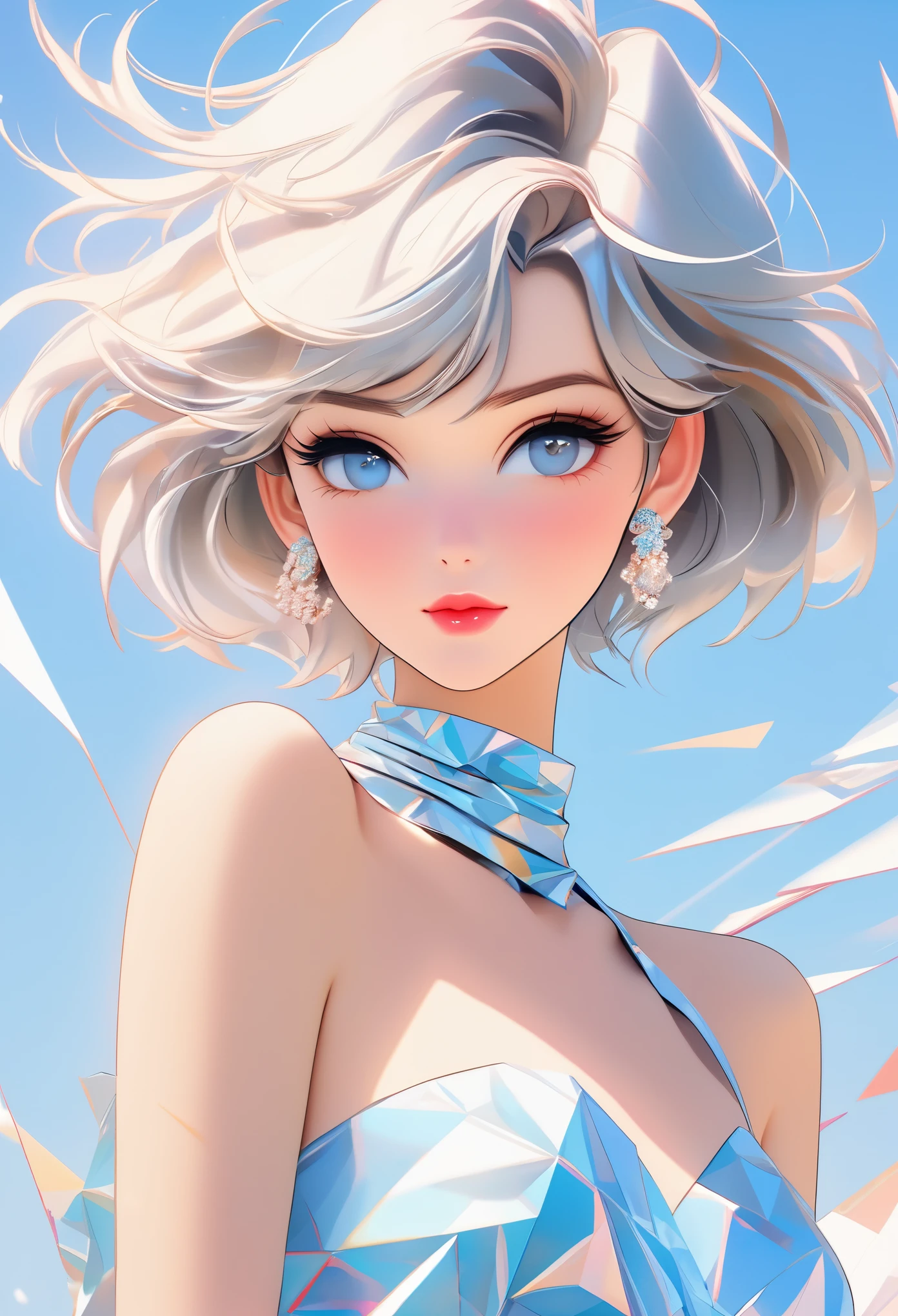 best image quality, fashion magazine cover, pastel color theme, beautiful face and skin, (1 adult female), cleavage, thin face, short cut hair, blown by the wind, silver hair, glossy lipouth closed))、shining eyes, slanted eyes, model pose, focus on the whole body,detailed pattern,bikini, choker, polygonal background,