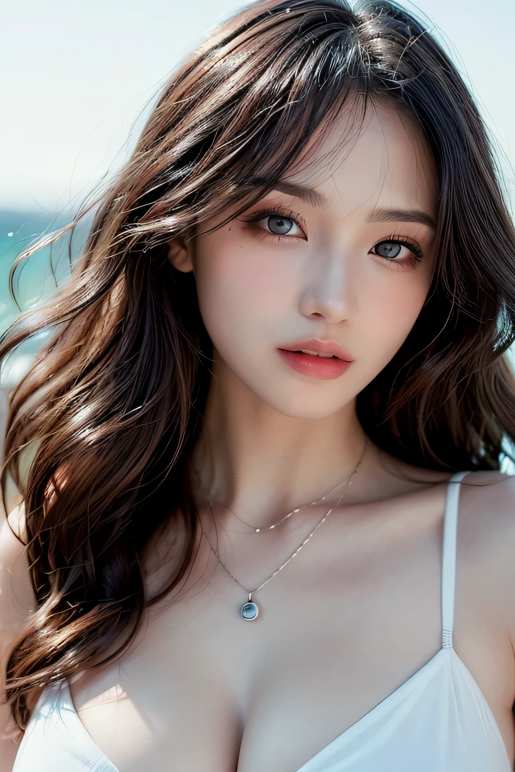 (beste-Qualit、A high resolution、​masterpiece:1.3)、Tall and cute woman、big chest out、Dark brown hair styled in loose waves、breastsout、Wearing a pendant、a white bikini、(Coast in the background)、Details exquisitely rendered in the face and skin texture、Detailed eye、double eyelid