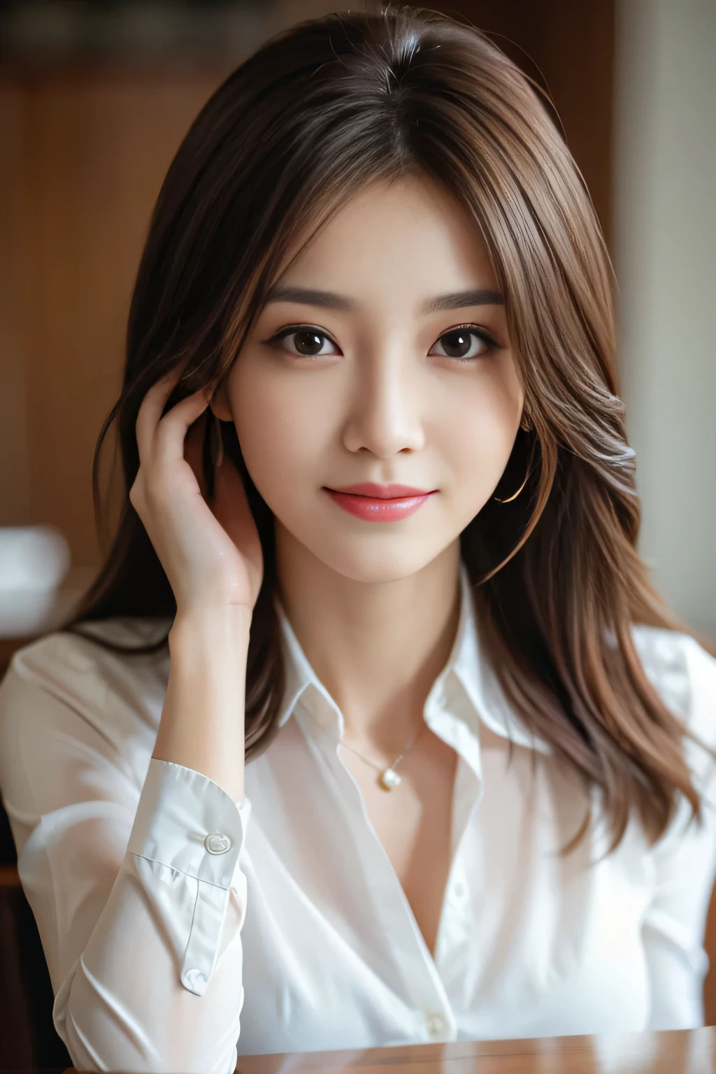 table top, highest quality, realistic, Super detailed, finely, High resolution, 8k wallpaper, 1 beautiful woman,, light brown messy hair, wearing a business suit, sharp focus, perfect dynamic composition, beautiful and detailed eyes, thin hair, Detailed realistic skin texture, smile, close-up portrait, model body shape