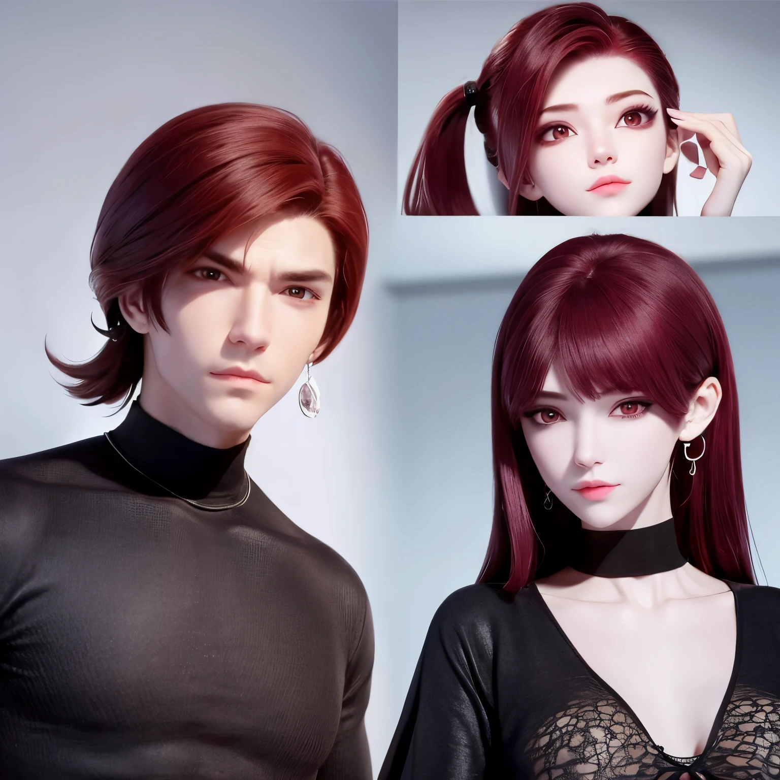Create a boy with 3 earrings in his left ear and one in the right with red hair in the middle and black on the sides with a wine-colored sweater and black t-shirt