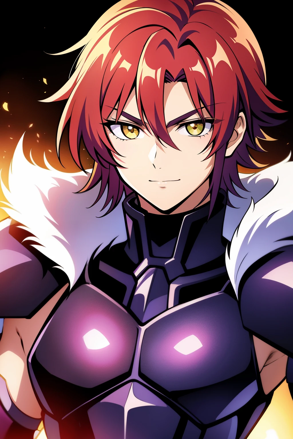 (high-quality, breathtaking),(expressive eyes, perfect face), 1male, male, solo, half body, armor, dark onyx purple armor, saint seiya armor, spectre armor, fantasy armor, red hair, short length hair, yellow eyes, ( watercolor \(medium\), black background, small smile, zoom out
