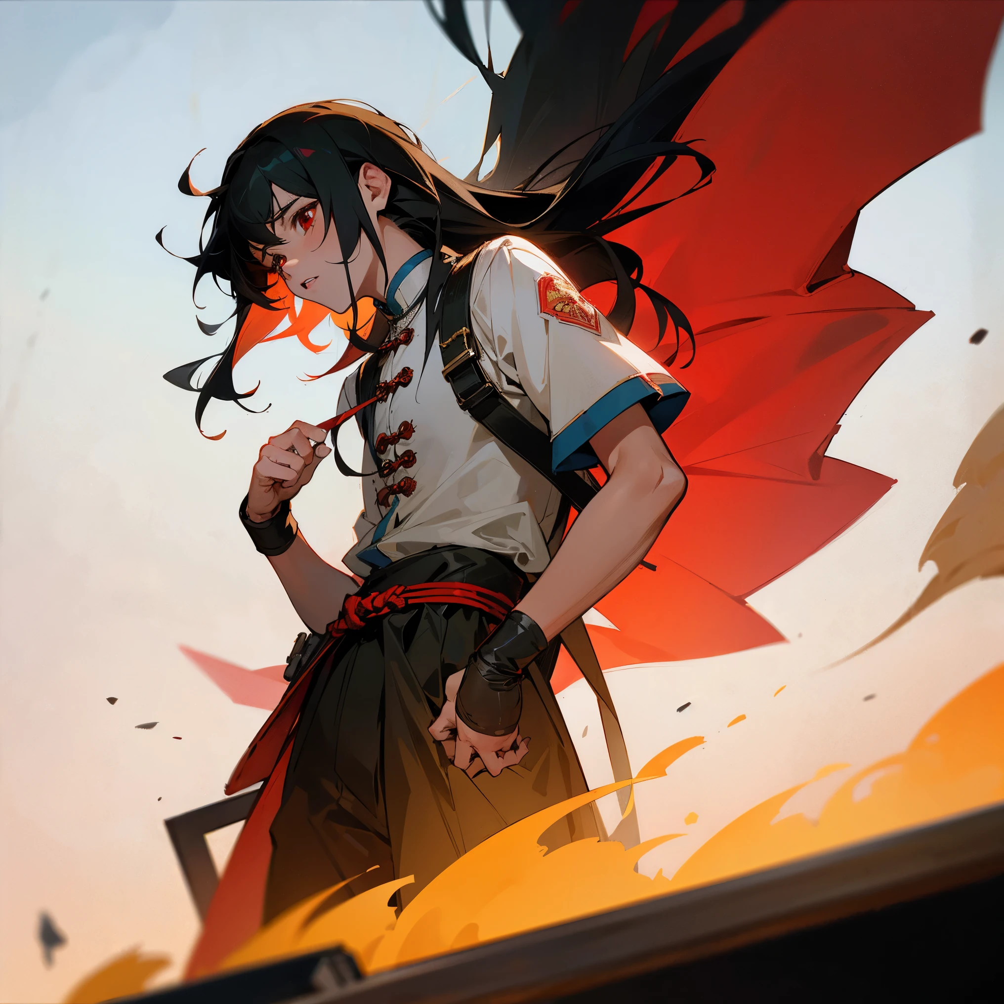 1male, , finely detailed red eyes, short length wavy black hair, mullet hair, short sleeved yukata, fitted long sleeve, chinese city background, standing on mountain path, calm expression, bandolier across chest