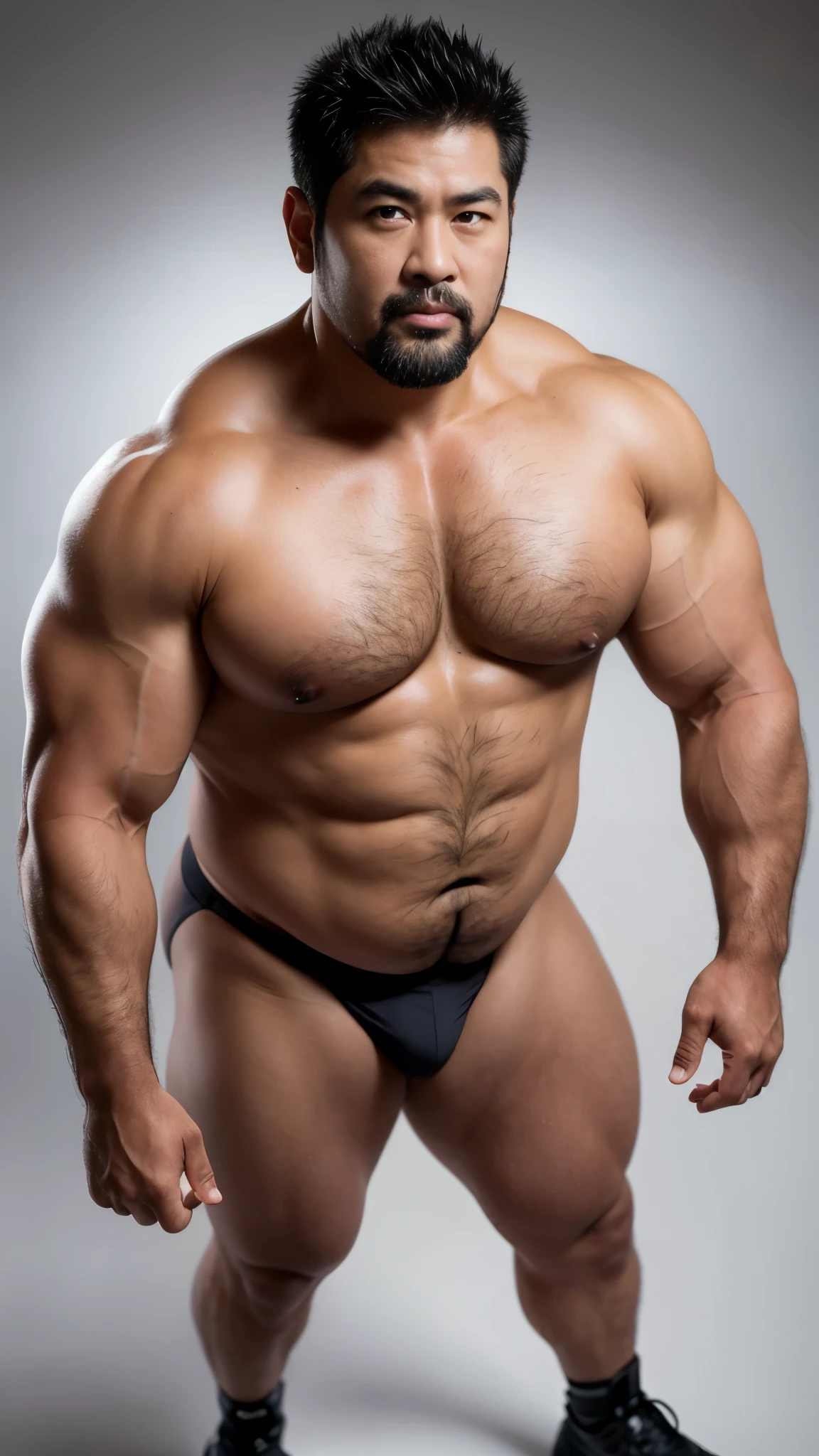 black hair, middle-aged man, individual, male, Muscular wrestler, muscular, Stout wrestler, Asian, Japanese, uncle, 55 year old middle-aged man, short hair, short hair, white wrestling boots, full body portrait, shadow, Vision, white briefs, obesity, 45 years old, short beard, middle-aged man, tattoo, fingerless gloves, Wheat skin, shiny skin, dark skin, Show your pectoral muscles, sumo wrestler, bodybuilder, wide temples, Visible abdominal muscles, Smile, Fine hands, solid color background, pure white background, Surrealism, Panorama, 8k, super detail,