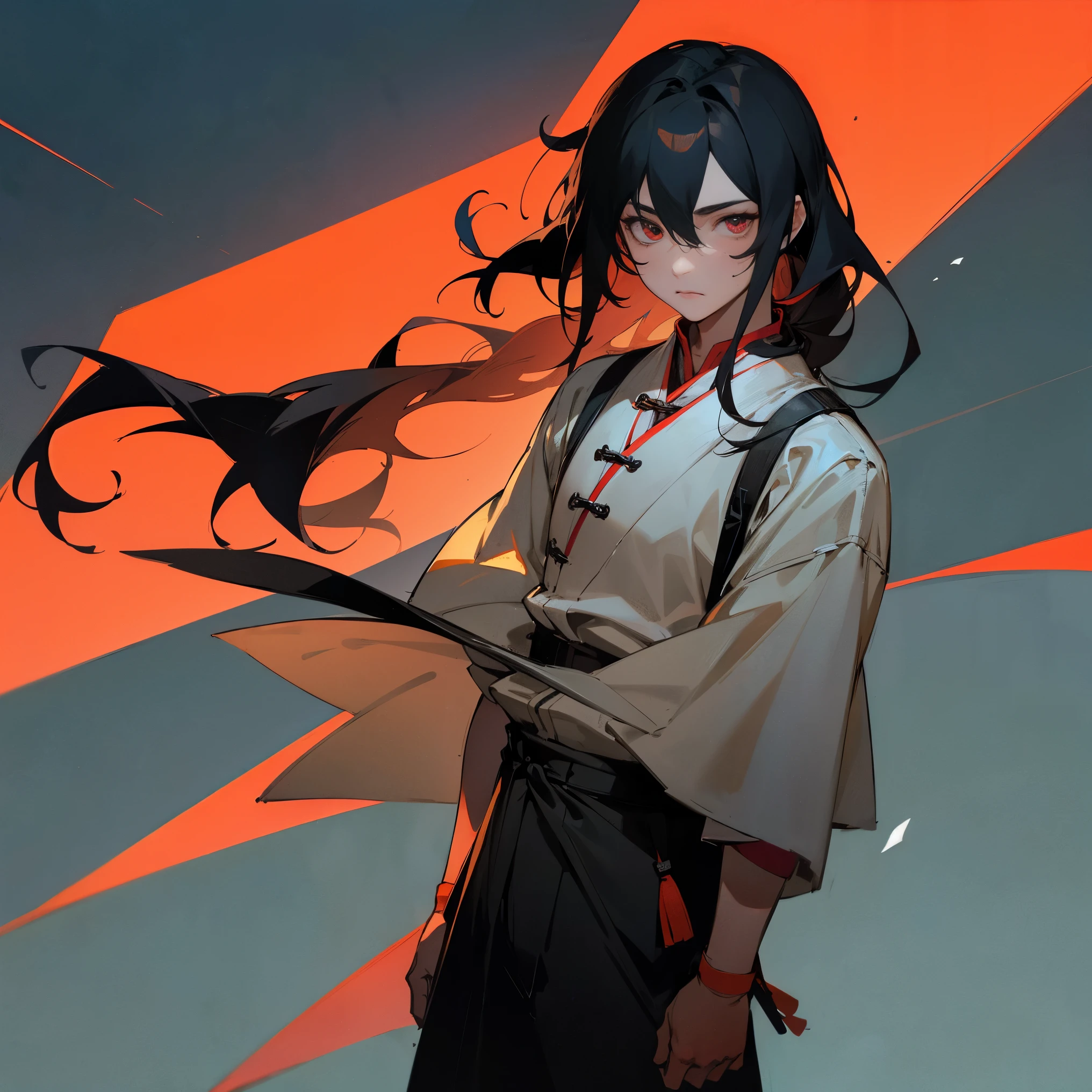 1male, young teen, finely detailed red eyes, medium length wavy black hair, mullet hair, short sleeved yukata, fitted long sleeve, chinese city background, standing on mountain path, calm expression, bandolier across chest 