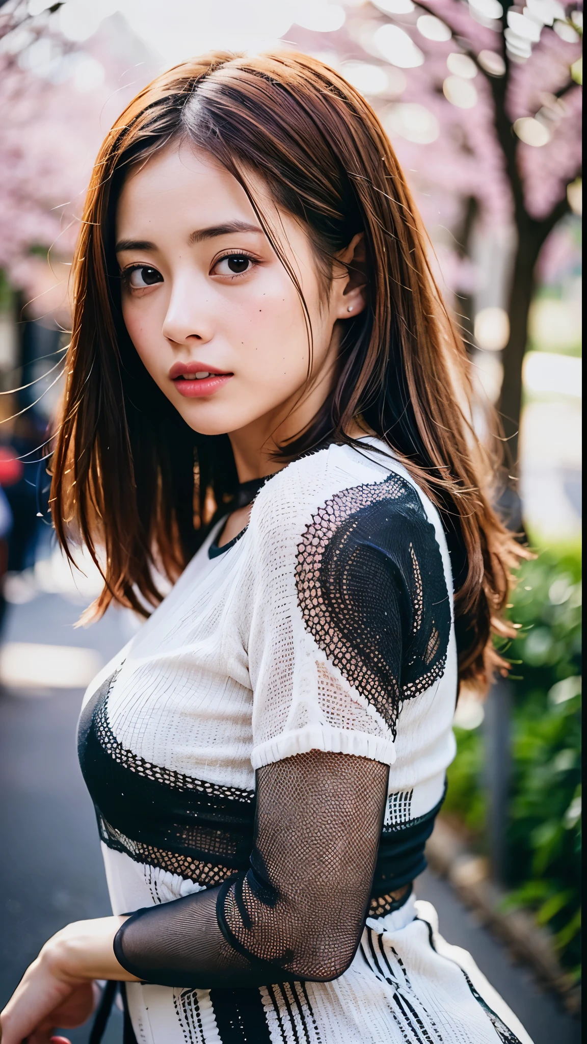 dress、(Photoreal:1.4)、(hyper realistic:1.4)、(realistic:1.3)、(smooth lighting:1.05)、(映画の照明Improvement of quality:0.9)、32K、1 girl、18 year old girl、realistic lighting、Backlight、facial light、ray tracing、(brighter light:1.2)、(Improvement of quality:1.4)、(Top quality real texture skin:1.4)、finely tuned、detailed face、fine eyes、 T-shirt、(Enhance the mood of your body line:1.1)、(Enhances the beauty of skin texture:1.1)、((Satomi Ishihara))、background cherry blossoms