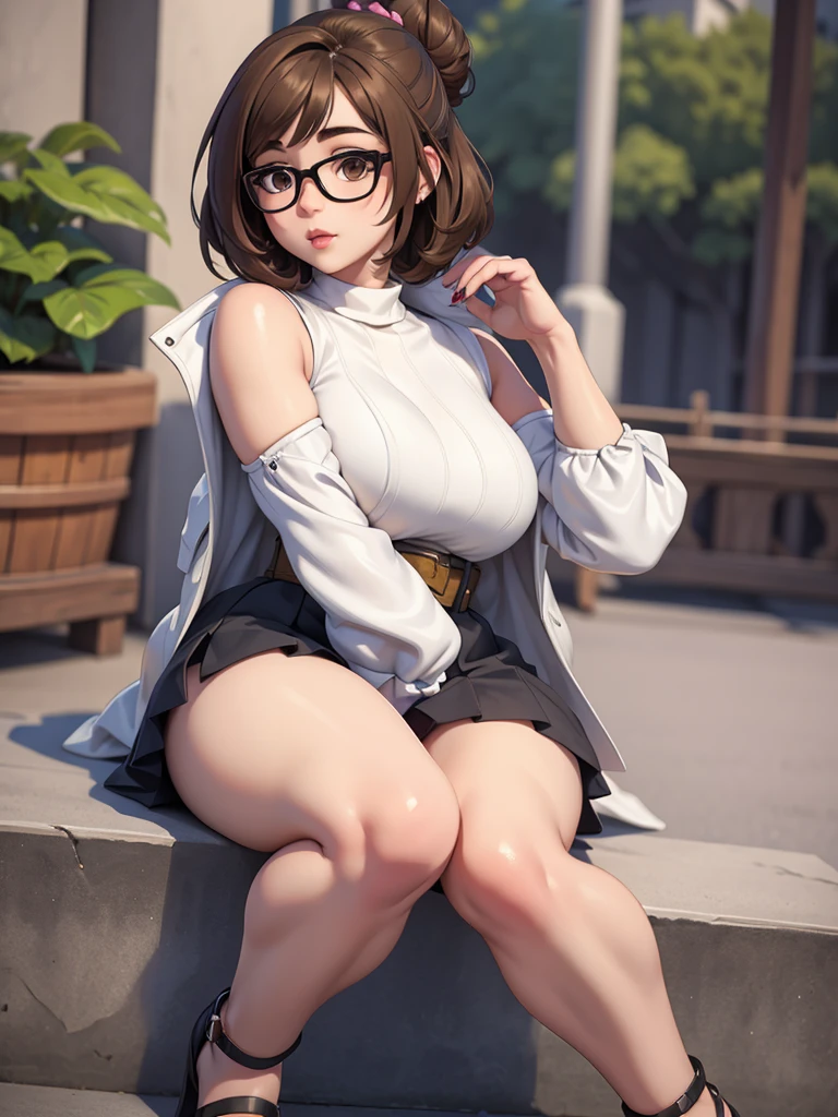 best quality,masterpiece,detailed,16k,8k,(fullbody shot), realistic hands, MeiOver, 1girl, black-framed eyewear, brown hair, glasses, solo, brown eyes, hair ornament, hair bun, short hair, single hair bun, hair stick, full body, lips, bangs, black turtle neck, sleeveless, bare shoulders, pink mini skirt, nose, closed mouth, swept bangs, realistic, 22_years_old, sexual_expression)), ((masterpiece, photorealistic, best quality, perfect face, perfect hands, perfect mouth, perfect eyes, perfect body)),