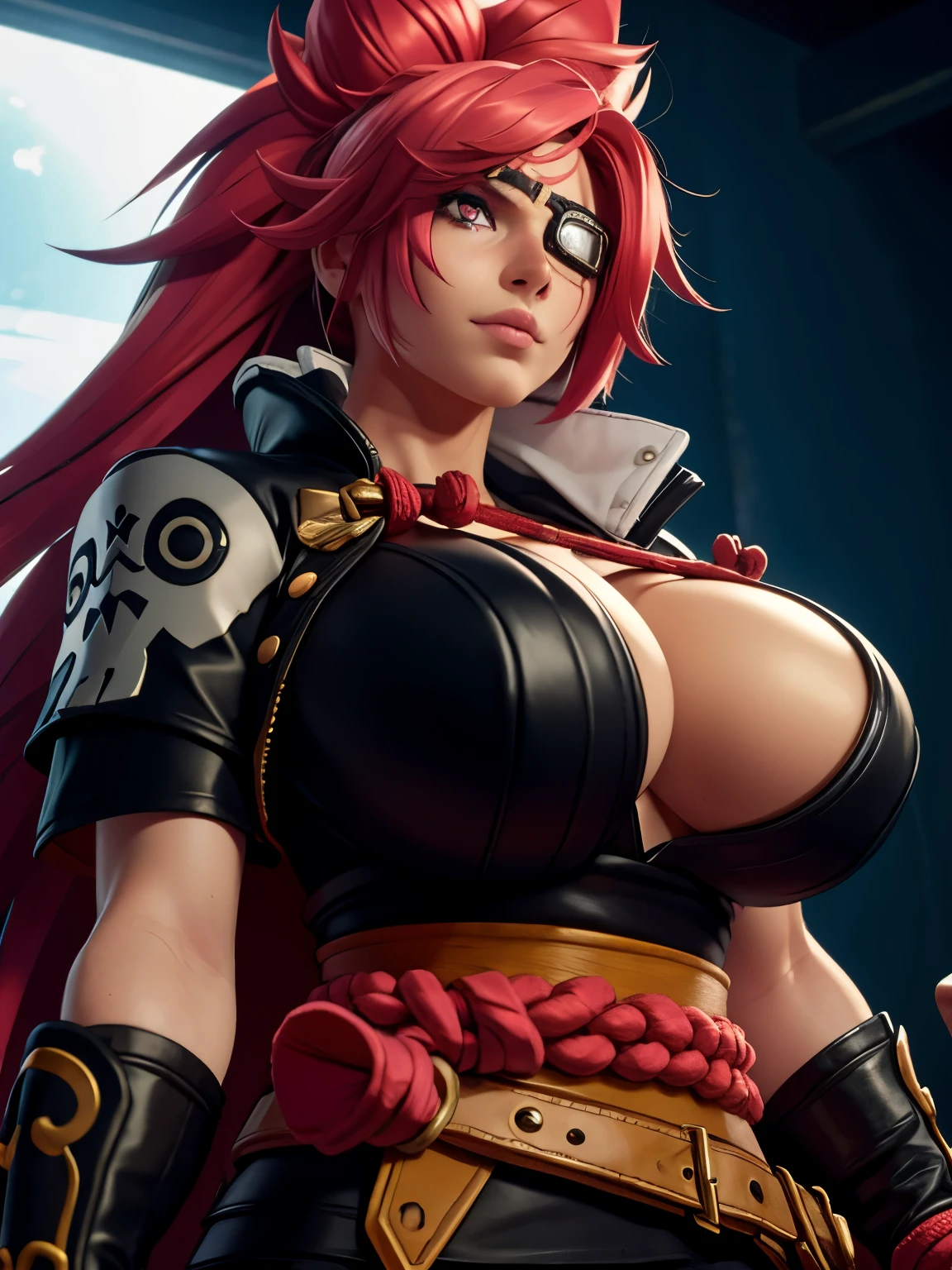 melhor qualidade, ultra high resolution,detailed facial features,HDR,8k resolution, big breasts, big hair, Amputee, amputated arm, gloves, huge breasts, large breasts, looking at viewer, one eye, pink hair, rope belt, scar, Eye patch 