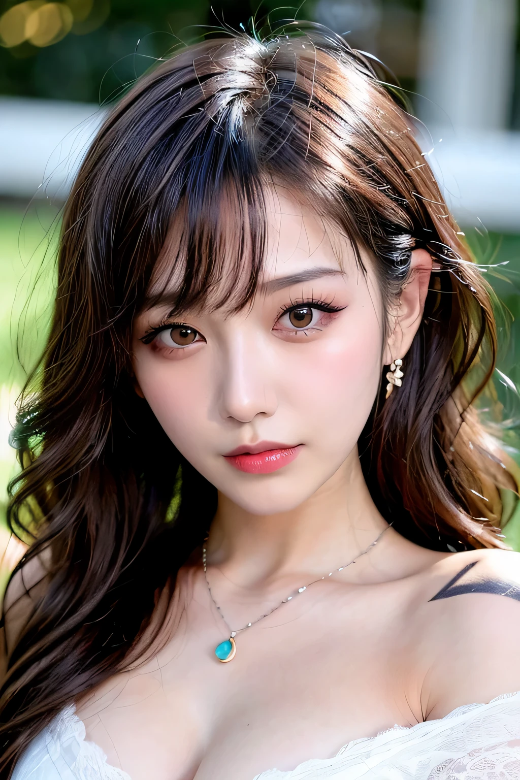 Canon RF85mm f/1.2,masterpiece,best quality,ultra highres,vc,1 girl,(korean mixed,kpop idol:1.2),solo,white_shiny_skin,black eyes,necklace,((brown_short_wavy_hair)),((pink_shiny_lips)),eyelashes,bangs,aface,make-up,shiny,Pore,skin texture,bracelet,offshoulder,see-through,big breasts