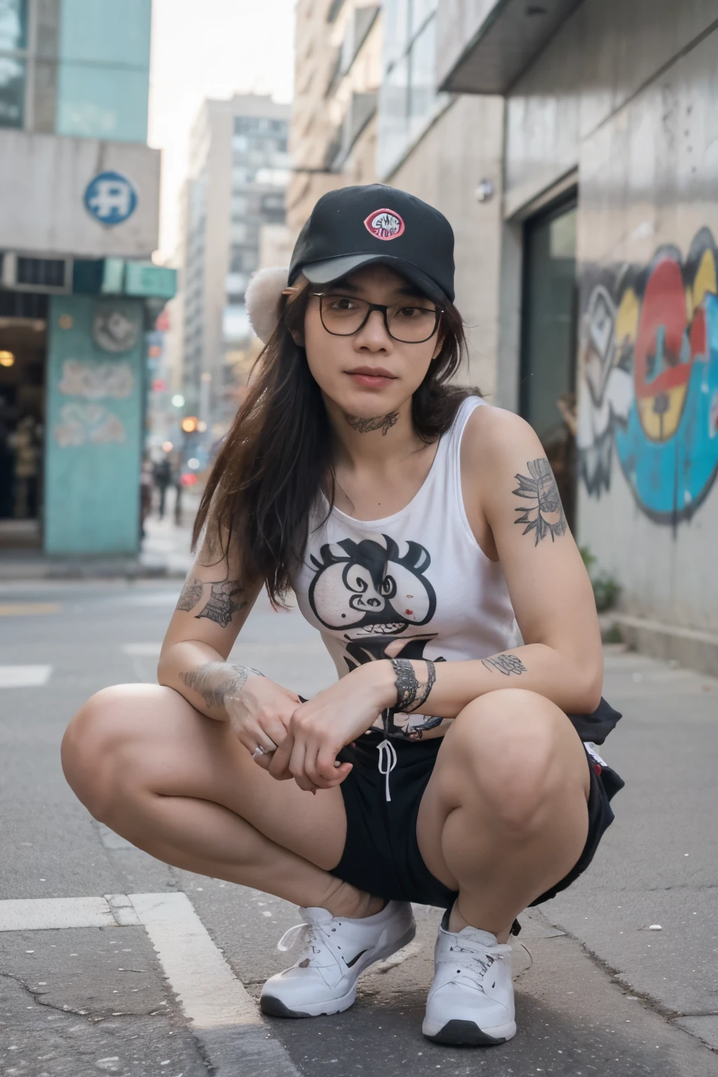 Graffiti of a Thai man with an Asian face, long hair (funny face), smoking, wearing glasses, big ear piercings (hip hop hat), Slipknot tank top and tattoos, shorts and Vans sneakers (squatting) in the middle of the street, buildings on both sides of the street. There was graffiti and light smog. (Kuan Kuan cartoon character)