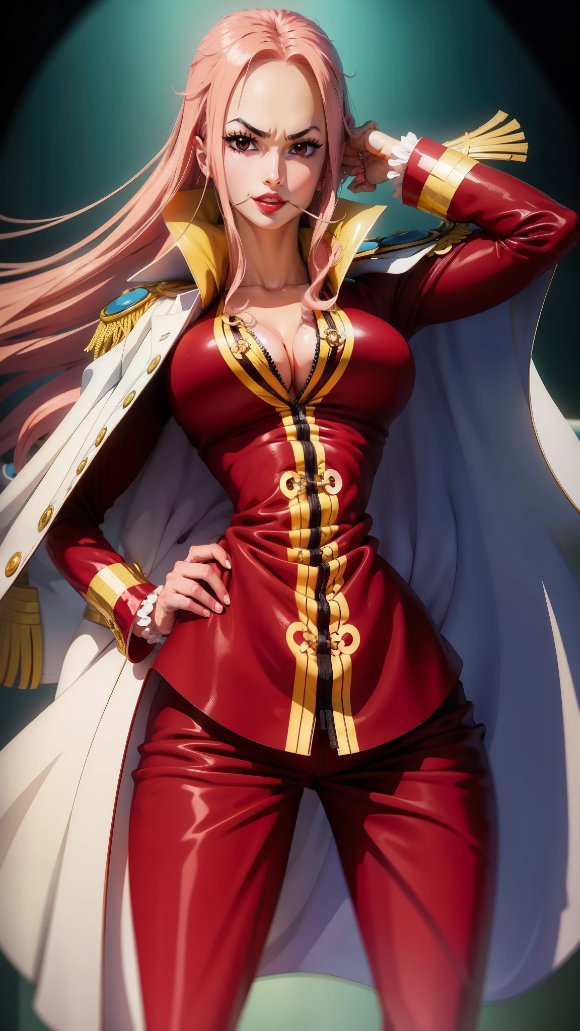 hina from anime one piece, long hair, beautiful pink hair, beautiful girl, perfect body, red lips, looking at the viewer, smiley face, red suit red pants, white cape on shoulders, standing.