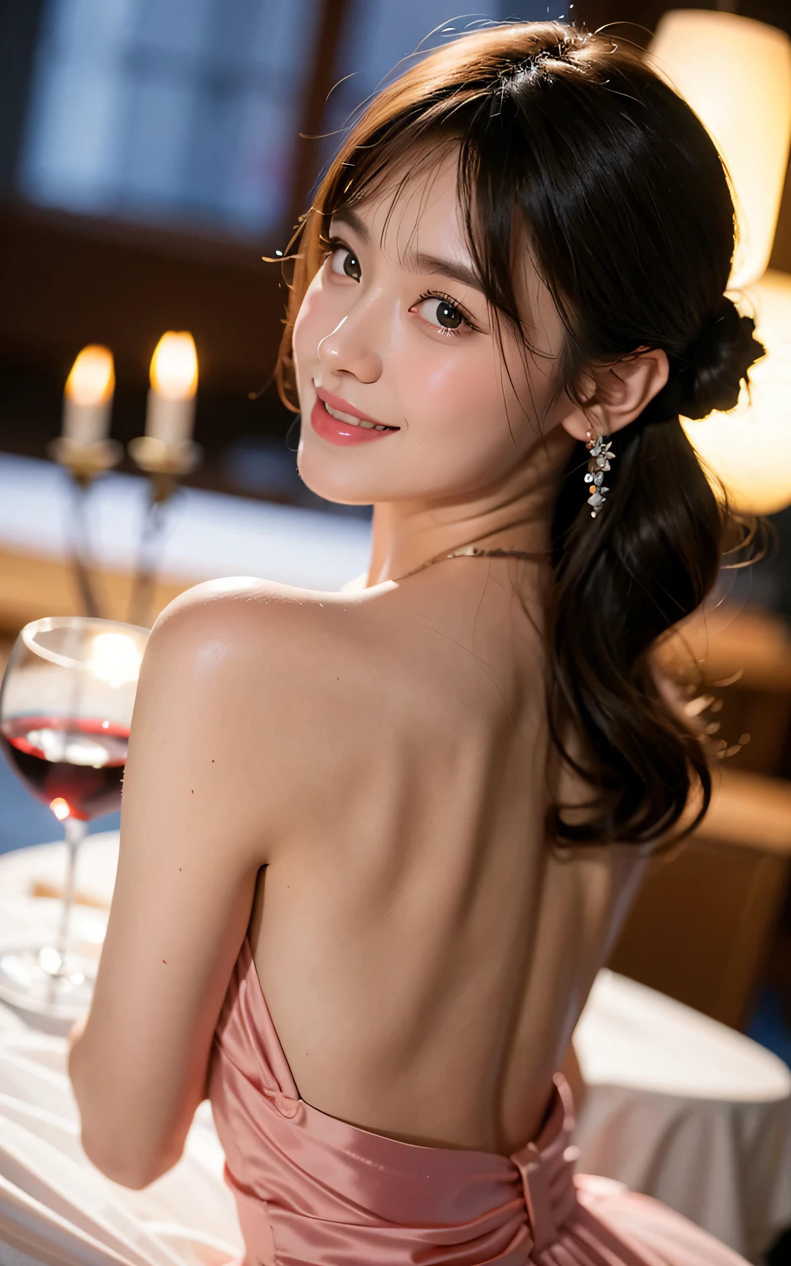 masterpiece, Best Quality, Raw photo, 8K, 1girl with a wine glass, Beautiful detailed skin, backlight, soft light, bashful, embarrassed, smile, Luminescent, Looking away, Anatomically correct, half updo, bangs, Eyes and faces with detailed, Textured skin, Professional Photography, Bokeh, Portrait, Professional Lighting, Solo, petrified, Cute, Girly, Film grain, evening dress, indoor, party venue, participants,crowd