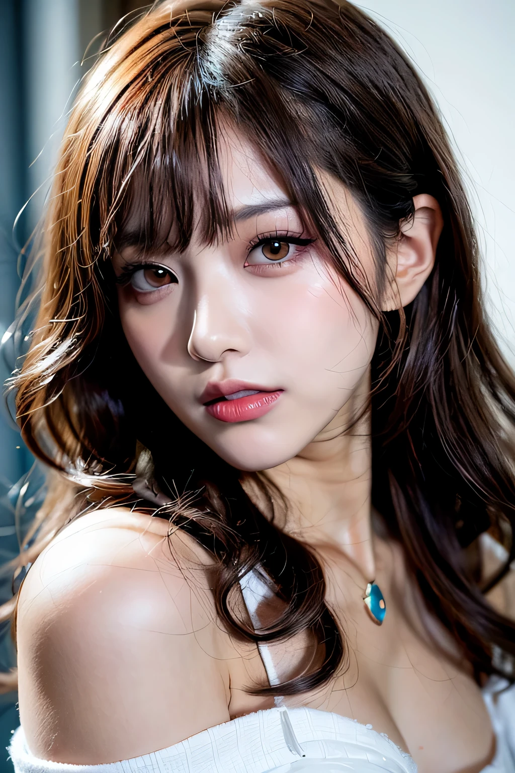 Canon RF85mm f/1.2,masterpiece,best quality,ultra highres,vc,1 girl,(korean mixed,kpop idol:1.2),solo,white_shiny_skin,black eyes,necklace,((brown_short_wavy_hair)),((pink_shiny_lips)),eyelashes,bangs,aface,make-up,shiny,Pore,skin texture,bracelet,offshoulder,see-through,big breasts