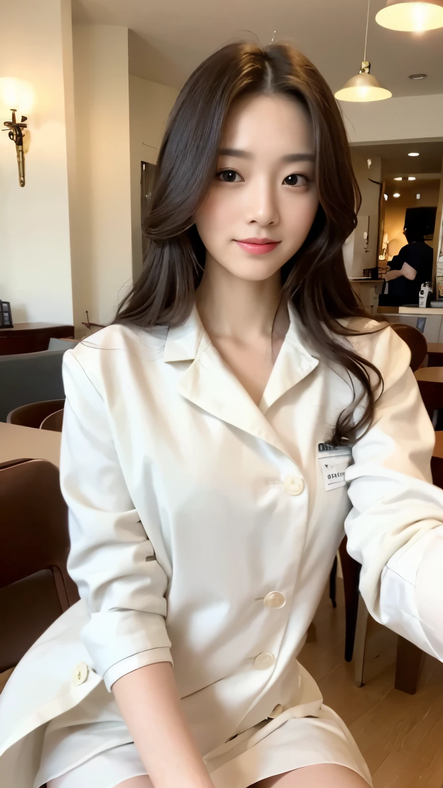 ((top-quality、8k、masterpiece:1.3))、Beautiful woman with perfect body:1.4、slim abdomen:1.2、Longhair, normal breast, Highly detailed facial and skin texture, A detailed eye, delicate eyes, double eyelid, (smile), (full body shot), ((cafe 1.2)), (sitting on chair), ((wearing white uniform with white coat)), looking in front