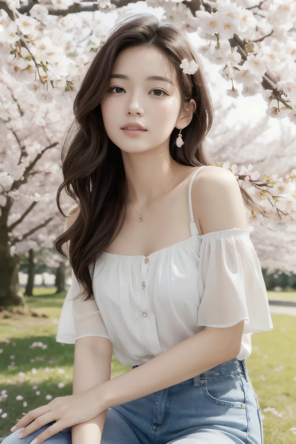 masterpiece, highest quality, High resolution,(close up of face:1.1), (A young and stunning Japanese woman sitting gracefully under a cherry tree:1.2), (Her silky hair tousled playfully in the breeze:0.8), (A captivating gaze looking up at the peaceful forest:1.0), (Wearing a chic and casual off-shoulder top:0.7), (Complemented with fashionable high-waisted jeans with a subtle knee lip:0.9), (A stack of dainty bracelets adorns her wrist:1.1), (A delicate chain necklace featuring the charm of cherry blossoms:0.7), (the subtle jingle sound when she moves:1.0), (her young々Natural and fresh makeup that emphasizes your new glow:1.3), (Long, dark eyelashes framing her enchanting eyes:1.1), (rosy cheeks and soft pink lips:1.0), (easy and confident attitude:0.8), (Surrounded by swirling cherry blossom petals:1.2), (Radiating charm and beauty amidst mesmerizing scenery:1.1).