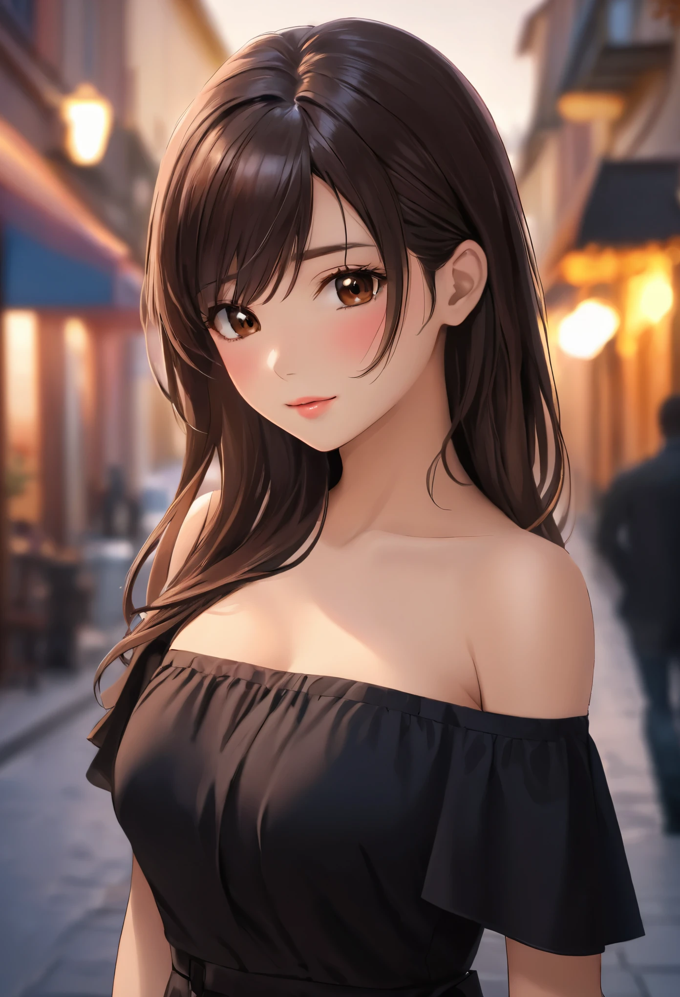 A woman in a black dress standing on a street - SeaArt AI