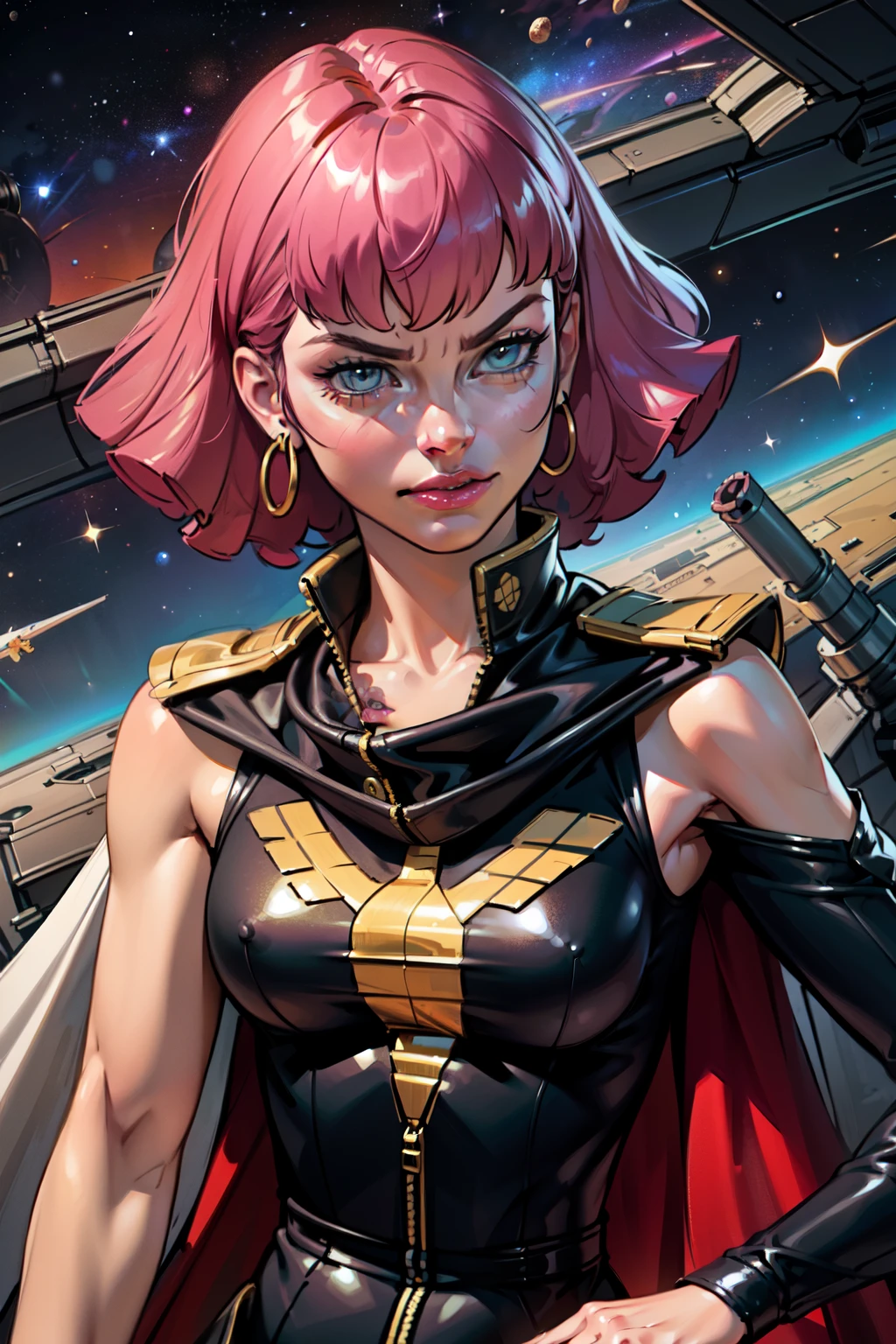 absurdres, (best quality), (masterpiece),(ultra-detailed:1.2),(photorealistic:1.2),(highres),(front:1.3),upper body,
1girl,solo,sitting,mature women,angry,Forehead wrinkles,shaded face,cape,bare shoulder,golden embroidery,elaborate ,
 haman karn, (spats:1.1),
expressionless,
(cockpit:1.5),(space:1.1),universe,
dark theme,