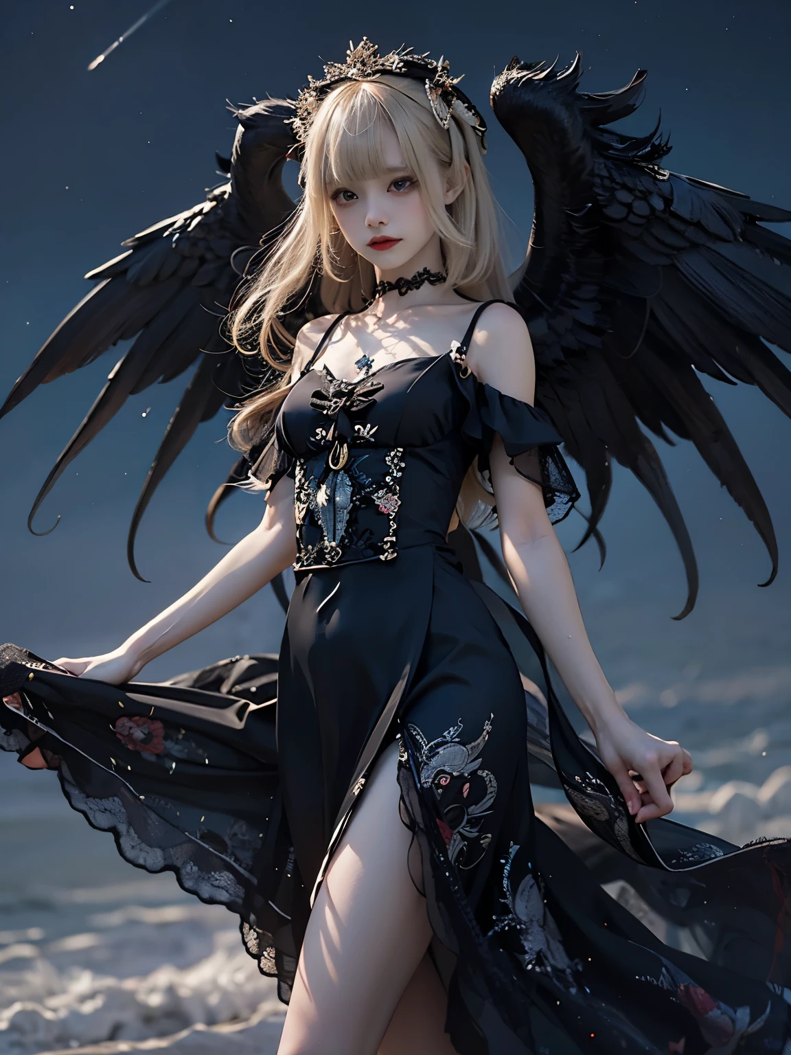 8K, Raw photo, Photorealistic, (Detailed skin, Best Quality:1.2), seductive succubus, (black wings), age Japanese girl with black angel wings flying high in the evening sky, ((black evening dress, black lace dress, long dress)), (((flat chest:1.4))), (light blonde hair, long straight hair, blunt bangs), (Neat face, pale skin), translucent black cloth is wrapped around the body, thighs, sunset sky high, sunset light