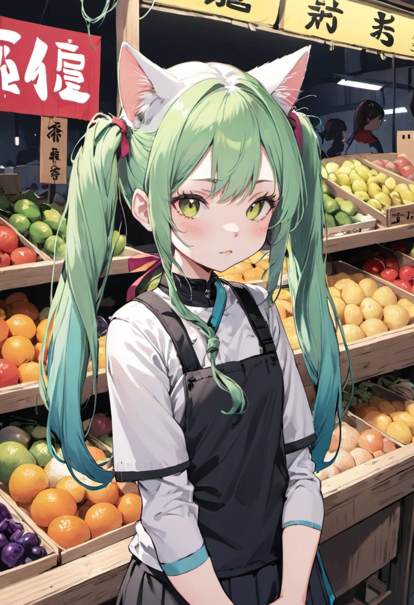 1girl, solo, cat, split-color, long, twintails hair, hair, market