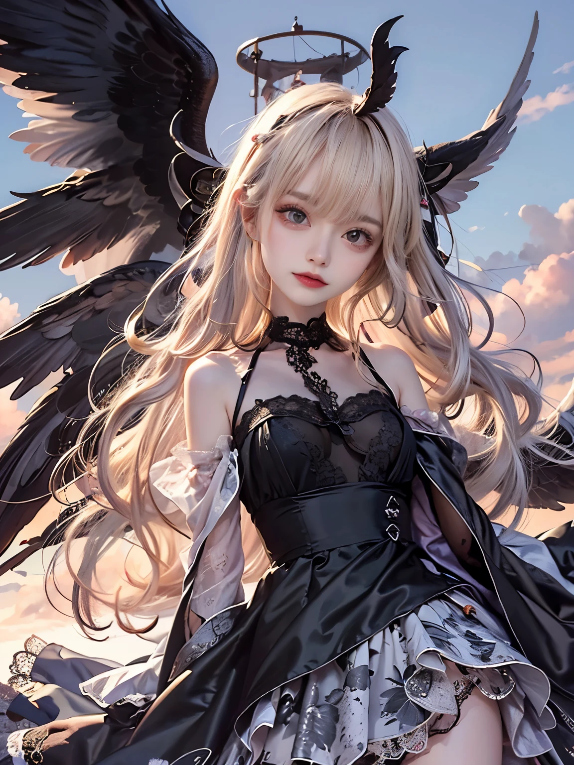8K, Raw photo, Photorealistic, (Detailed skin, Best Quality:1.2), seductive succubus, (black wings), Teenage Japanese girl with black angel wings flying high in the evening sky, ((black evening dress, black lace dress, long dress)), (((flat chest:1.4))), (light blonde hair, long straight hair, blunt bangs), (Neat face, pale skin), translucent black cloth is wrapped around the body, thighs, sunset sky high, sunset light