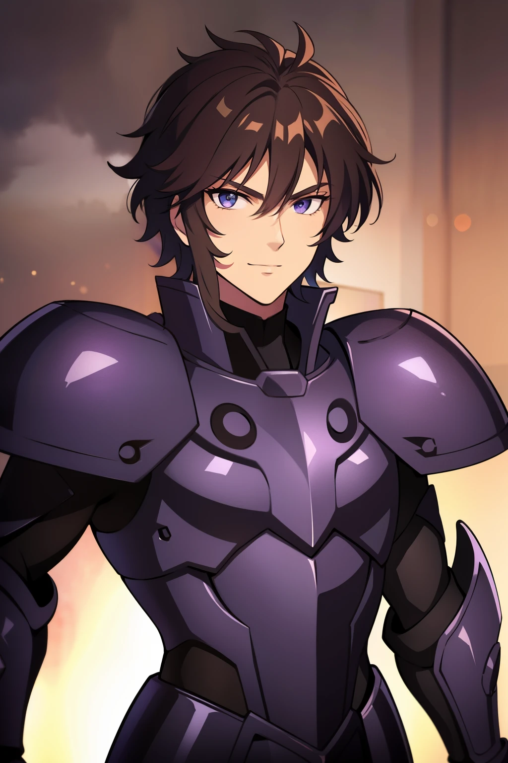 (high-quality, breathtaking),(expressive eyes, perfect face), 1male, male, solo, half body, armor, dark onyx purple armor, saint seiya armor, spectre armor, fantasy armor, brown hair, short length hair, purple eyes, ( watercolor \(medium\), black background, small smile, zoom out
