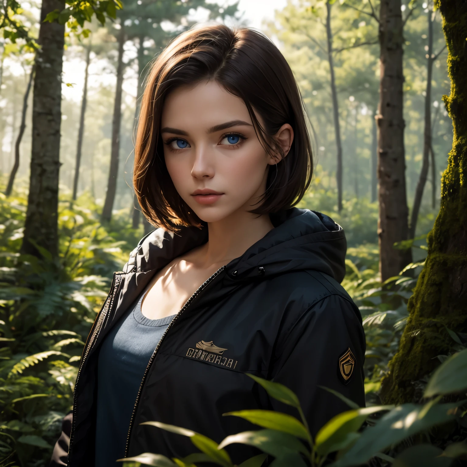 27 year old, Slavic, solo female, highly detailed, straight short brown hair, blue eyes, forest hideout, military 