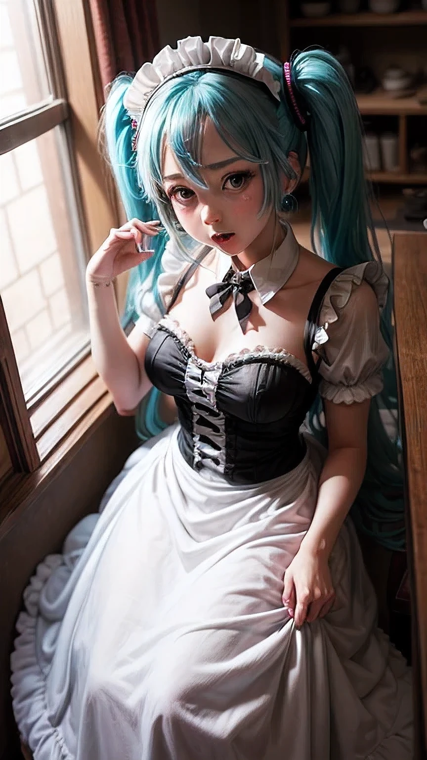Hatsune Miku, maid, big breasts, nsfw, open-breasted blouse, hentai, ecchi, lewdness, holding a broom, bedroom, hands rubbing the chest, crawling on the floor, Look up at the viewer