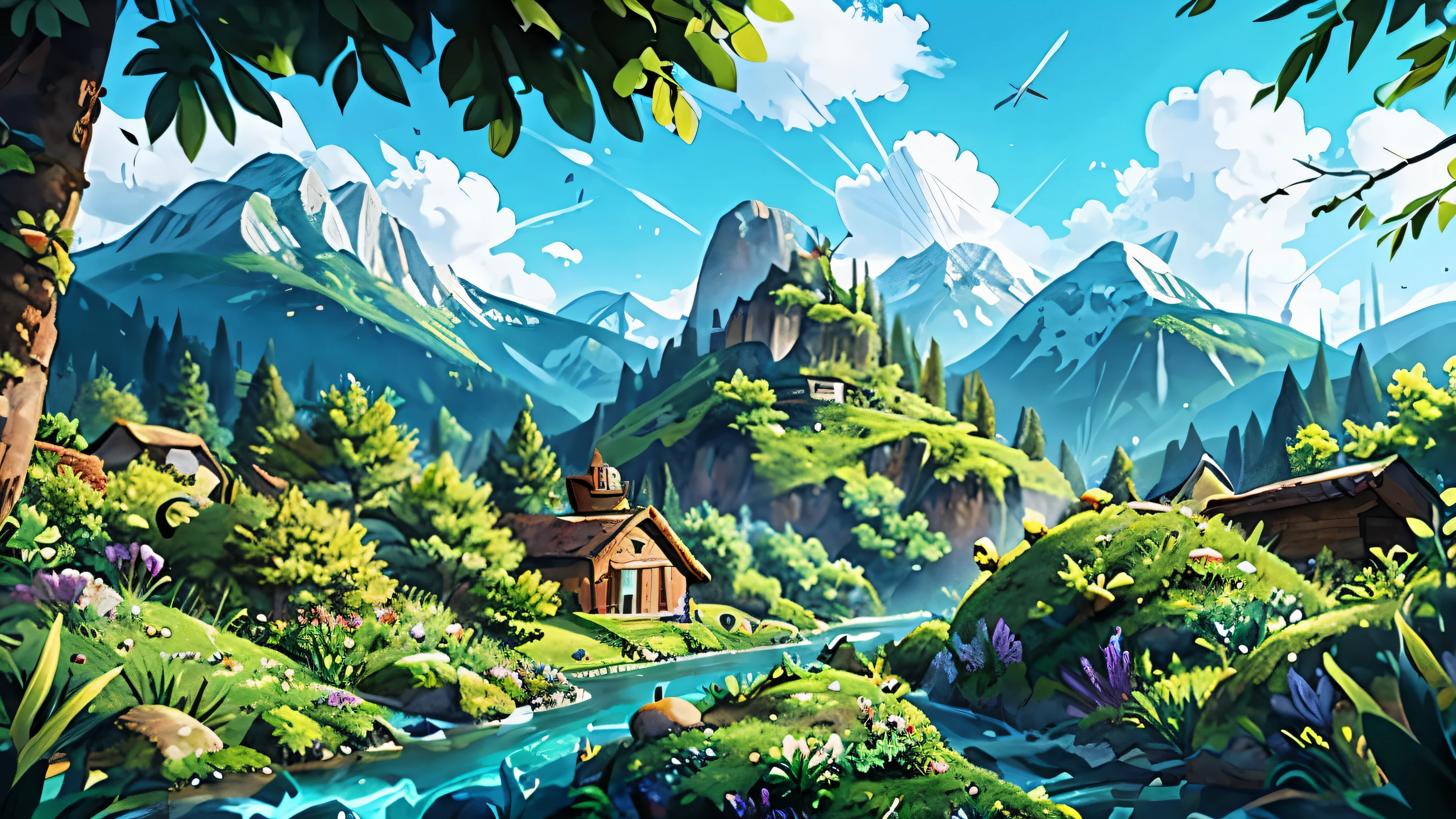 une vue panoramique, vegetation, mountain in the background and river. animated style