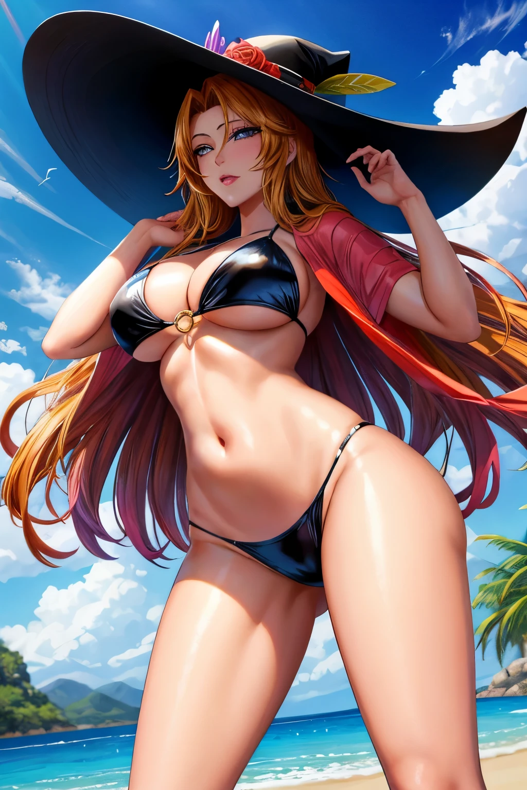 Rangiku Matsumoto en bikini negro y sombrero posando para una foto, amoranto, better known as amoranto, amoranto as a super villain, young beautiful amoranto, escote, 2 4 year old female model, ella lleva una camiseta sin mangas negra, Sujetador negro, en un sujetador negro betch, encaje, modelo de instagram