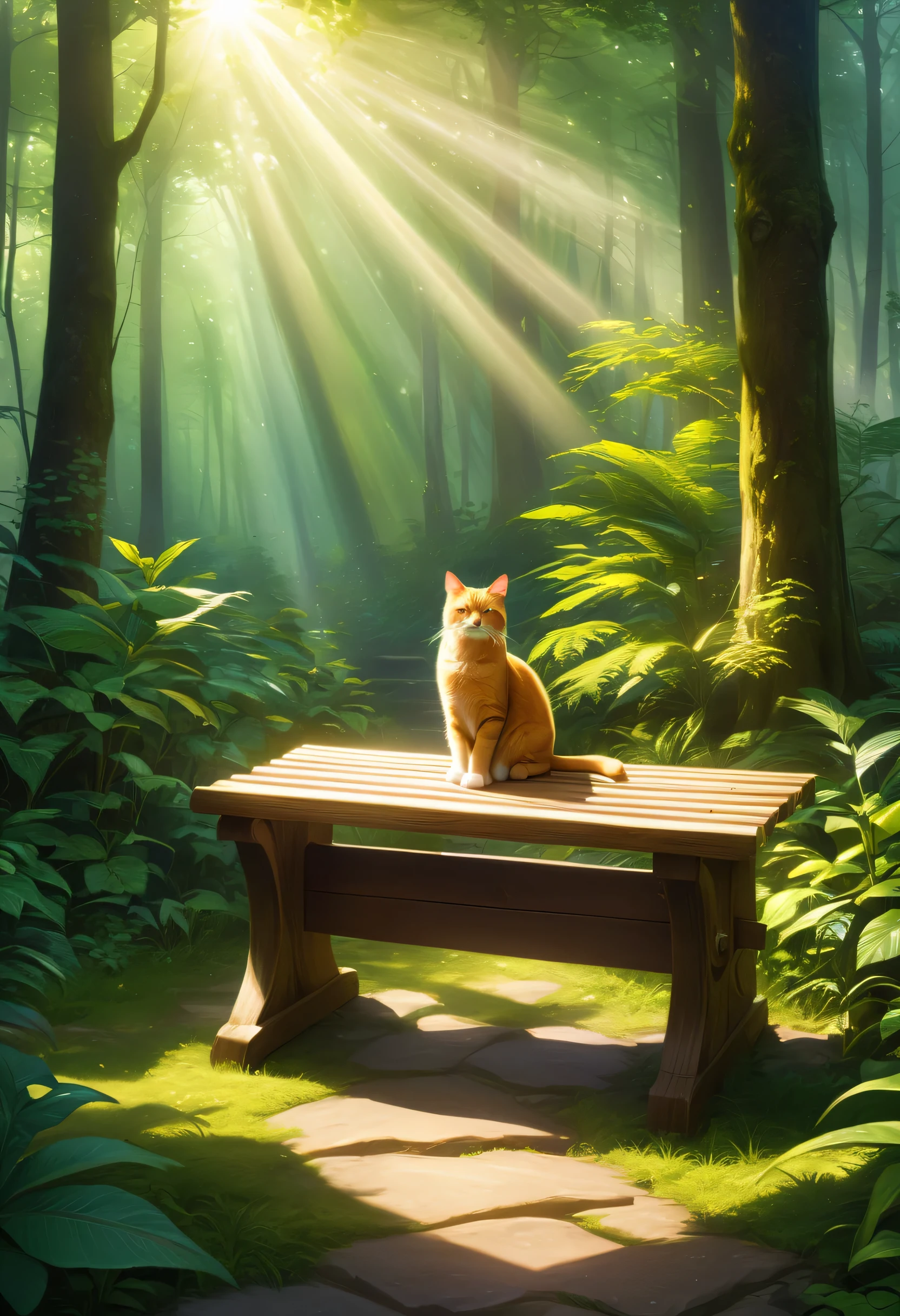 (Tyndall effect: 1.1), how light is dispersed and scattered, foggy forest, Cat sitting on a bench in a forest with trees, and the Tyndall effect allows light to shine through and illuminate the cat