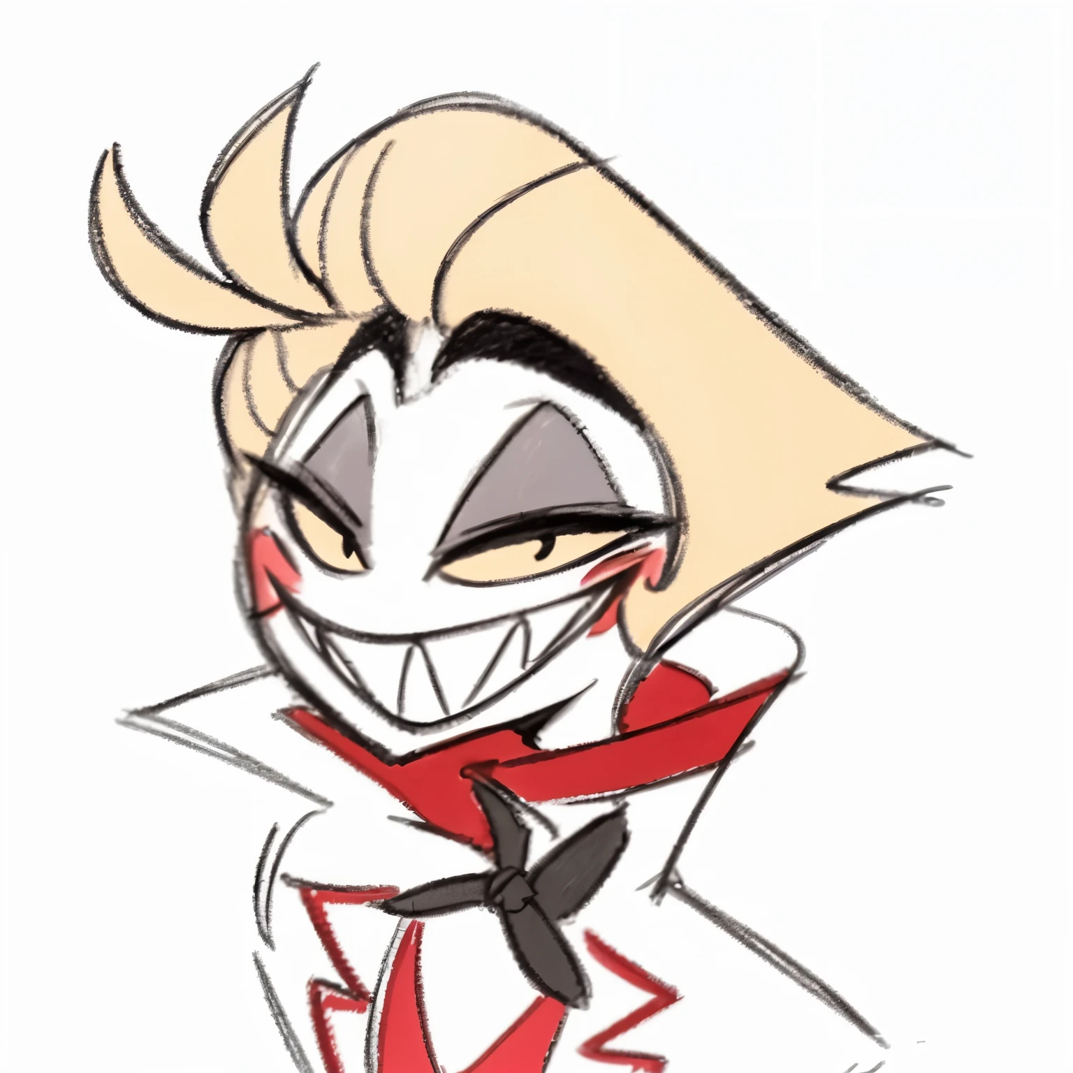 a close up of a drawing of a person with a tie, [[[[grinning evily]]]], evil grin, grinning sinisterly, evil villain grin, villain pose, nefarious smirk, grin, smiling maniacally, unsettling grin, slasher smile, kda, cruella devil, insane smile