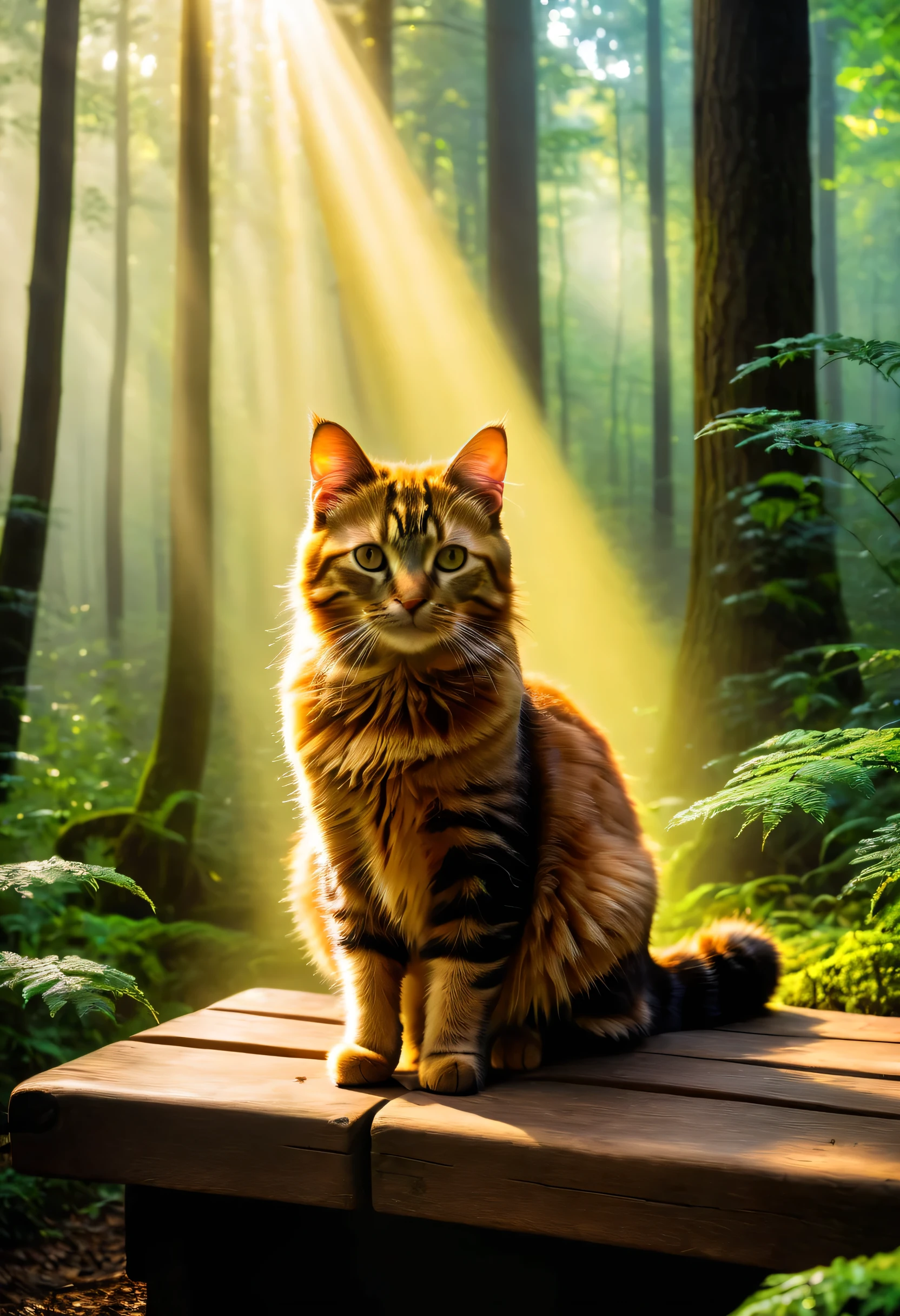 (Tyndall effect: 1.1), how light is dispersed and scattered, foggy forest, Cat sitting on a bench in a forest with trees, and the Tyndall effect allows light to shine through and illuminate the cat