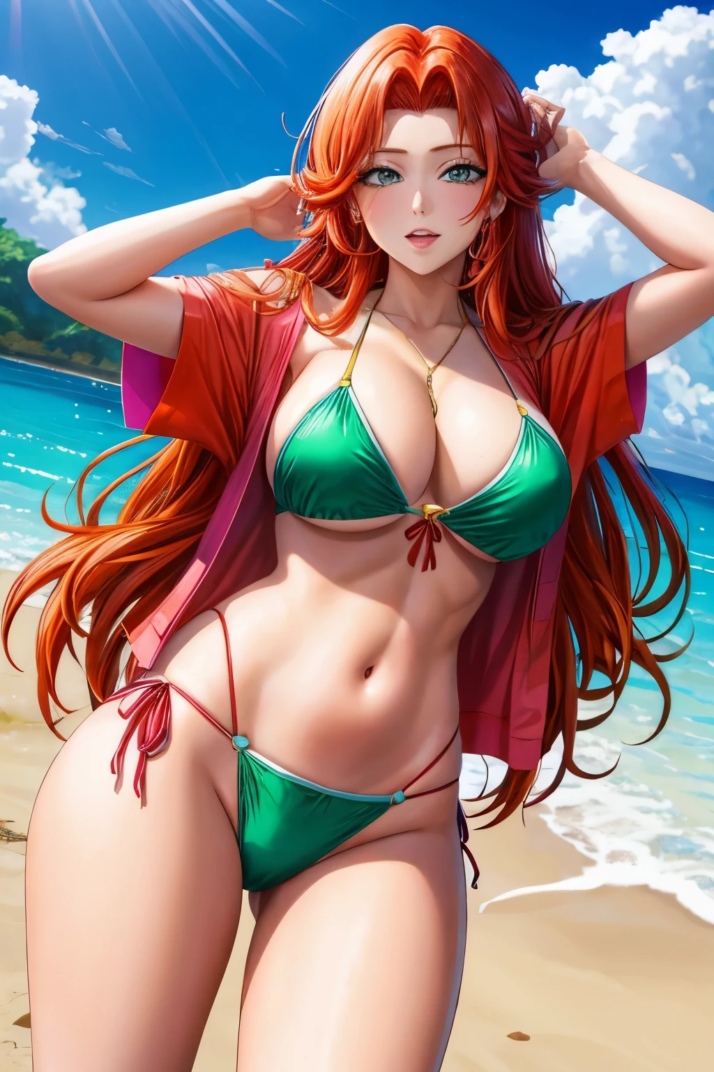 Rangiku Matsumoto with red hair and a bikini verde top posing for a picture, amoranto, better known as amoranto, young beautiful amoranto, amoranto as a super villain, diminuto bikini, chica pelirroja, artgasm, 🐎🍑, bikini realista, Abigail de Stardew Valley, bikini model, chica sexy, bikini verde