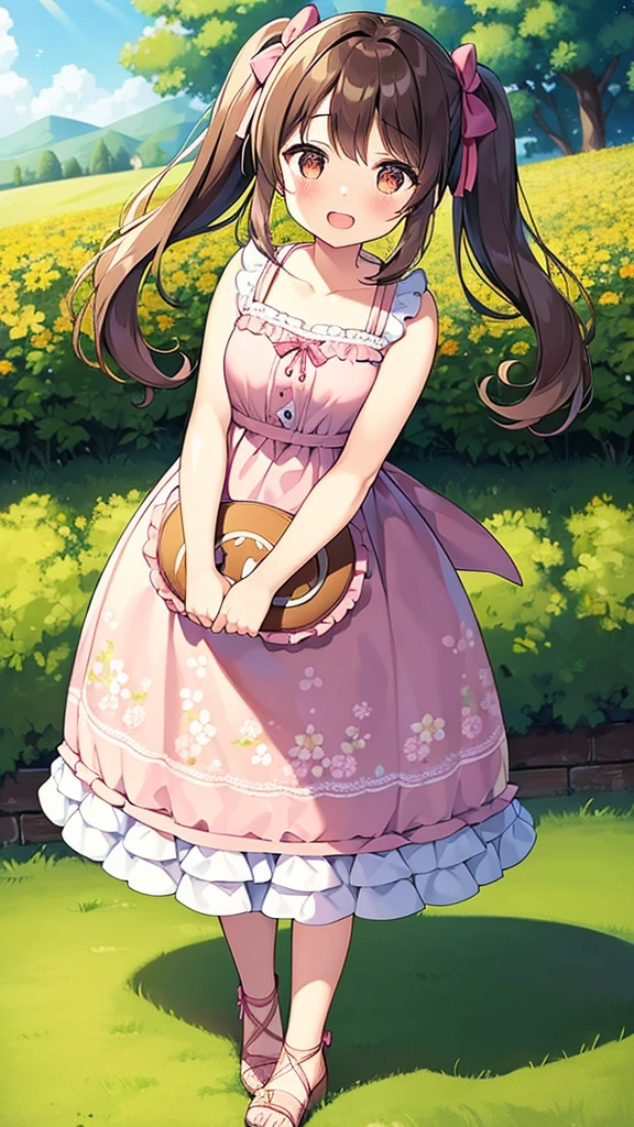 1girl, brown hair, brown eyes, blush, , frilled dress, frills, pink dress, sleeveless, sleeveless dress, bare shoulders, blush, dress, print dress, floral print, hair ribbon, pink ribbon, twintails, sandals, pink footwear, open mouth, smile, solo, looking at viewer, standing, day, field, flower, flower field, outdoors