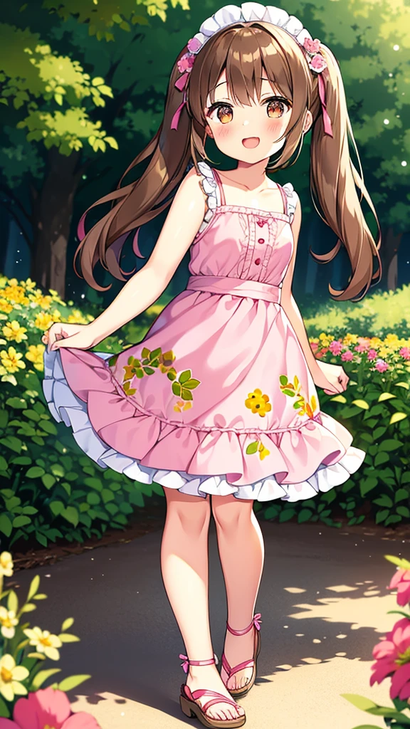 1girl, brown hair, brown eyes, blush, , frilled dress, frills, pink dress, sleeveless, sleeveless dress, bare shoulders, blush, dress, print dress, floral print, hair ribbon, pink ribbon, twintails, sandals, pink footwear, open mouth, smile, solo, looking at viewer, standing, day, field, flower, flower field, outdoors