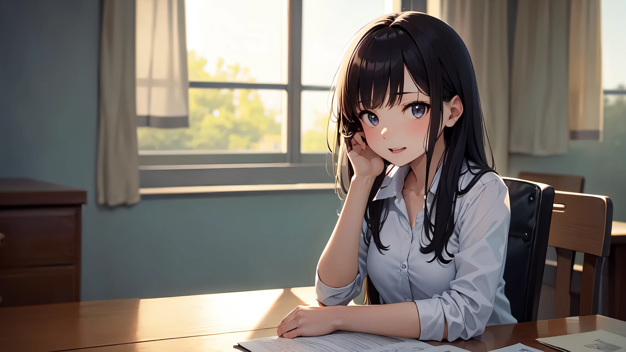 a junior high school student, female, (beautiful and cute), solo character, sit at the desk, turn her head down to look at the table,(with shy reaction), facing the camera in profile, The sunlight outside is exceptionally bright, ((front-shot)), atmospheric perspective, masterpiece, accurate, ((best quality)), high quality, super detail, high details, anatomically correct, highRes, 1080p,