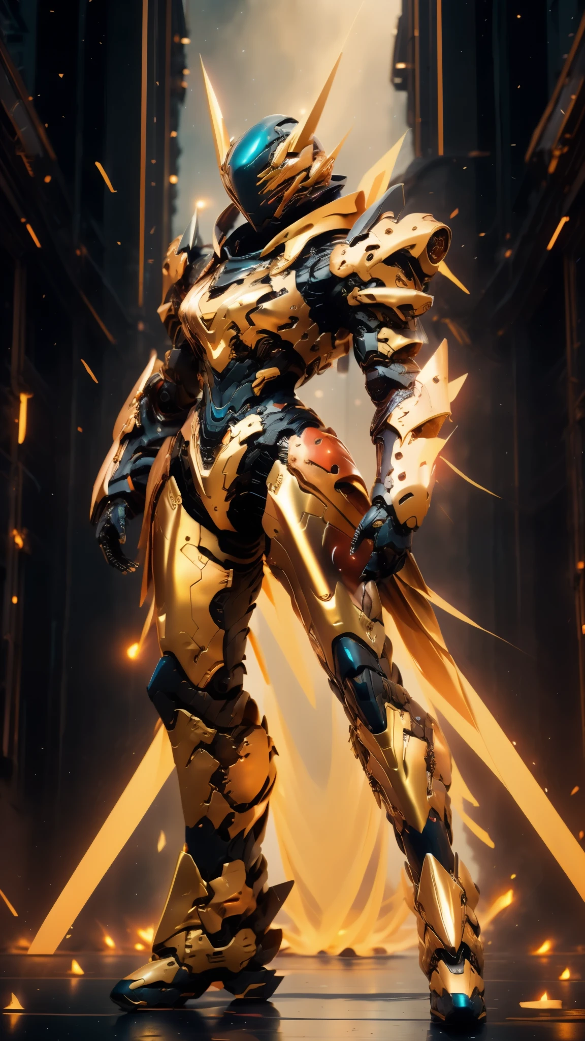 A woman adorned in fantasy-style full-body armor, a crown-concept fully enclosed helmet that unveils only her eyes, a composite layered chest plate, fully encompassing shoulder and hand guards, a lightweight waist armor, form-fitting shin guards, the overall design is heavy-duty yet flexible, ((the armor gleams with a golden glow, complemented by red and blue accents)), exhibiting a noble aura, she floats above a fantasy-surreal high-tech city, this character embodies a finely crafted fantasy-surreal style armored hero in anime style, exquisite and mature manga art style, (Queen bee mixed with Spider concept Armor, plasma, blood), ((Element, energy, elegant, goddess, femminine:1.5)), metallic, high definition, best quality, highres, ultra-detailed, ultra-fine painting, extremely delicate, professional, anatomically correct, symmetrical face, extremely detailed eyes and face, high quality eyes, creativity, RAW photo, UHD, 32k, Natural light, cinematic lighting, masterpiece-anatomy-perfect, masterpiece:1.5