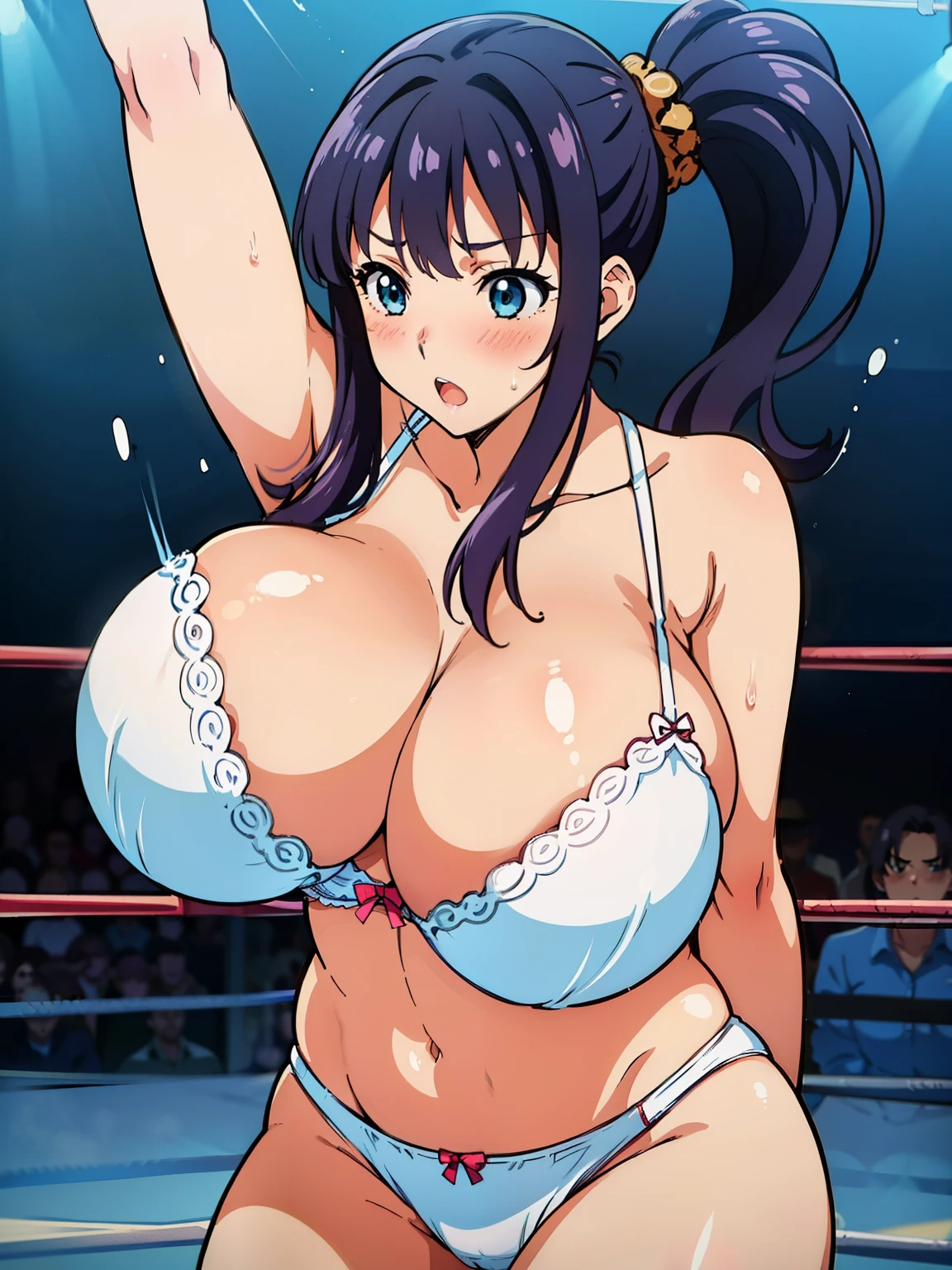 (1girl:1.6), Anime cel drawing style, Best Quality, High resolution, (gigantic breasts:1.6), (bra, string white panties:1.4), Blue eyes, Purple hair, Bangs, Side Ponytail, Hair Ornament, blush, embarrassed, reluctant, looking at viewer, (cowboy shot:1.9), (professional wrestling ring:1.5), (fighting stance:1.3), (perfect hands), (bouncing breasts:1.7)