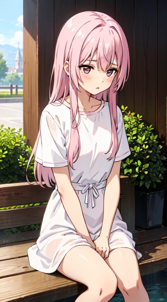 (((A pink-haired cute girl)))，Sit on a bench，Soaked white long dress，Black panty，Blushing and shy