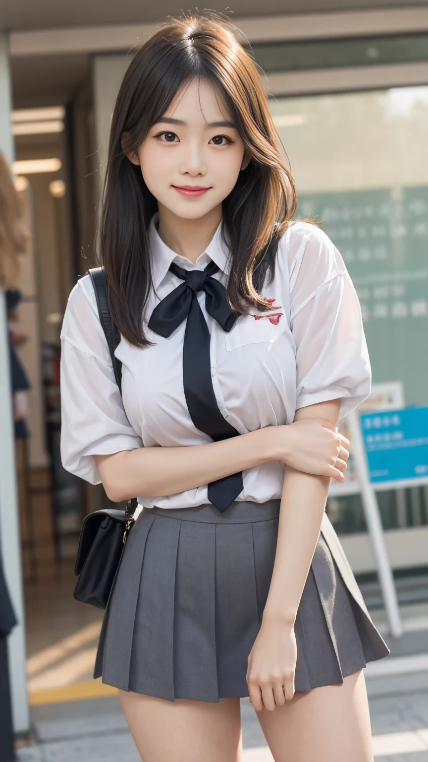 resolution, 1 girl, Watching the audience,Young beautiful Japanese woman, Super cute face, Gorgeous appearance, big breasts,Long Bob Hair,smile,(school uniform:1.3),Beautiful Eyes,(It&#39;s windy:1.3), 混雑した道をsmileで歩く,Glossy lips, Double eyelids on both eyes, Natural Makeup, Long eyelashes, 艶やかで滑らかなライトブラウンのLong Bob Hair, Asymmetrical bangs, Glowing Skin, Center image, 高resolution, High Detail, Detailed hairstyle, Detailed face, Great cinema lighting, Octane Rendering, Vibrant, Surreal, Perfect limbs, Perfect Anatomy, Spreading hair、Slender beauty:1.4、((Saggy breasts:1.4))、Chest exposed、slim abs、Curved Waist、(smile:1.2) 、(Pleated kirt lifted:1.2))、Slender and long beautiful legs、Open your feet wide、(Sheer black stockings:1.2)、(Lace panties:1.2、Beautiful pussy exposed、Open up、pussy creampie、pubic hair:1.4)、(From below:1.2)、Backlight、