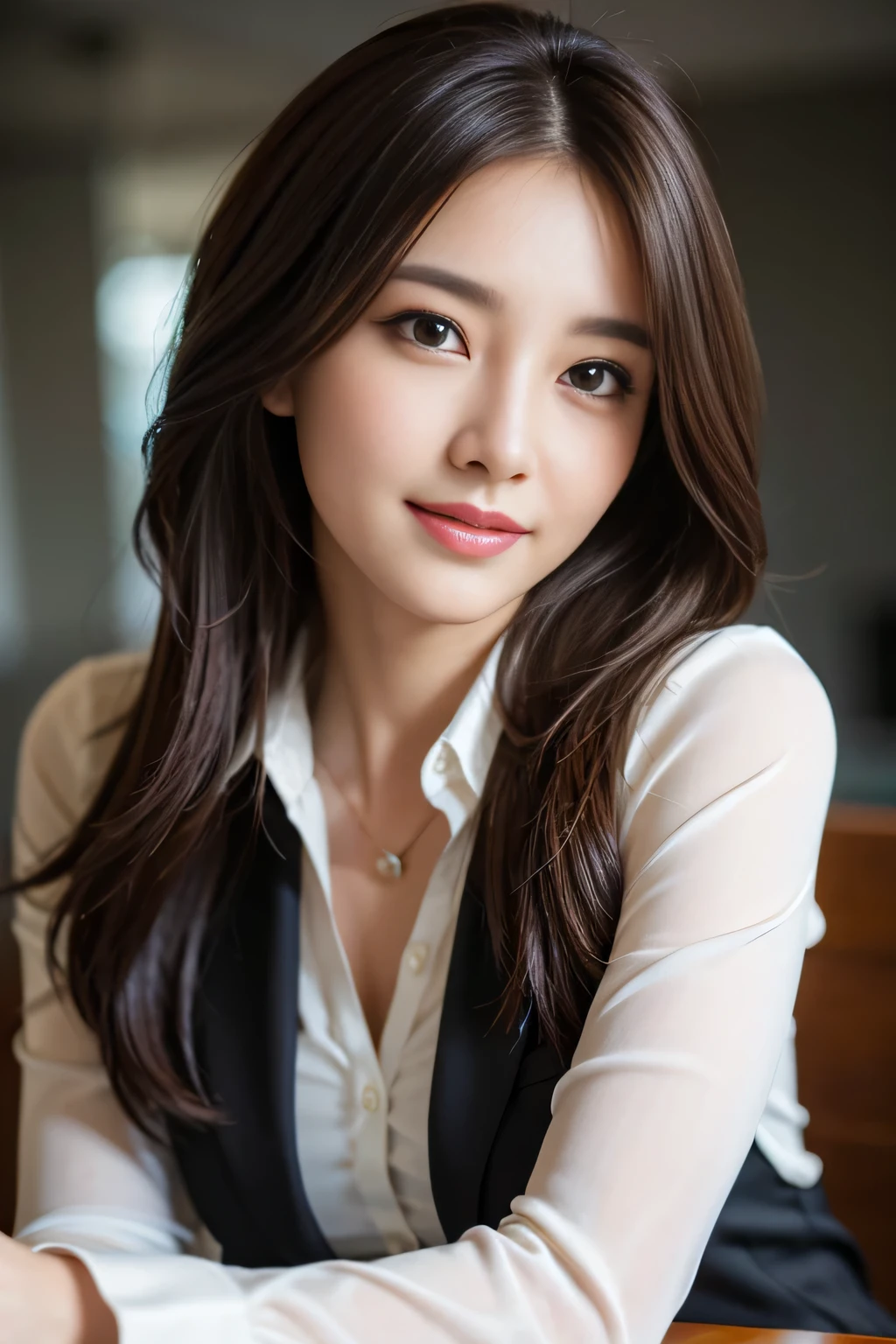 table top, highest quality, realistic, Super detailed, finely, High resolution, 8k wallpaper, 1 beautiful woman,, light brown messy hair, wearing a business suit, sharp focus, perfect dynamic composition, beautiful and detailed eyes, thin hair, Detailed realistic skin texture, smile, close-up portrait, model body shape