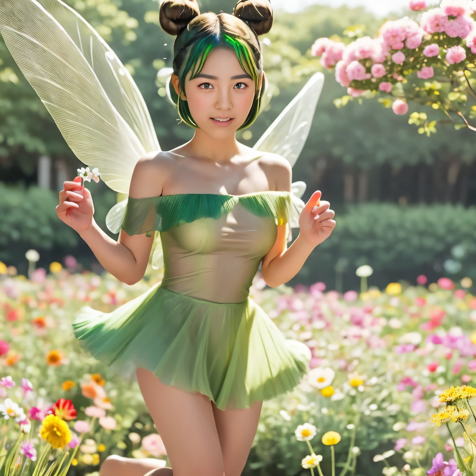 (((JPGND))), Masterpiece, Best Quality, (1girl), Ultra-realistic capture, Highly detailed, High resolution 16k, glossy skin, Skin should look healthy, realistic skin texture, Skin texture must be natural, (((whole body, (round face:1.3), short bob cut, dark brown eyes, thin lips, thin eyebrows, natural saggy big breast:0.7))), A tinker bell with two wings flies over the flower field., ((green eyes))), (((twin bun))), (((green hair:1.5))), ((Dress Specifications(green, See-through, off shoulder))) , ((she is mini girl 10cm tall, sit on flowers))