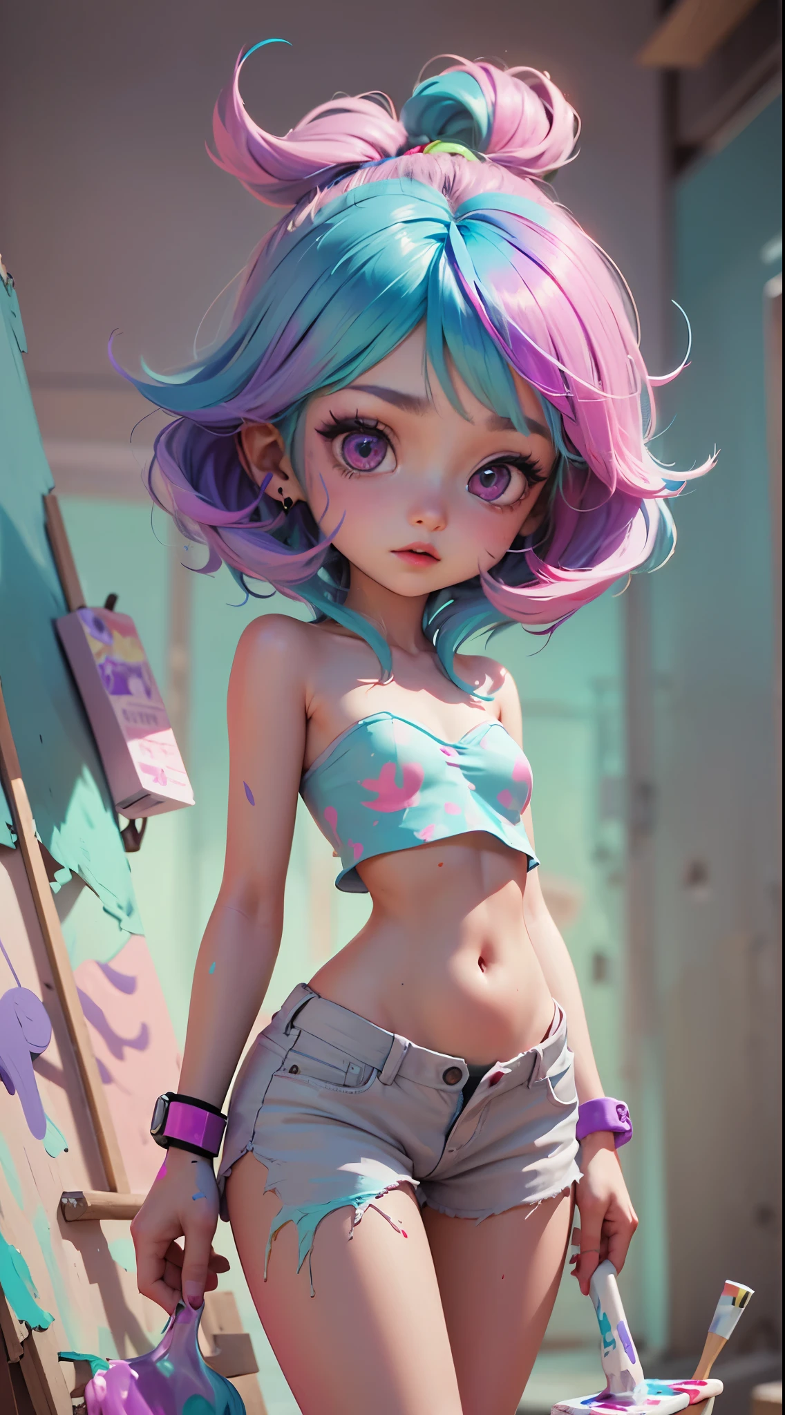 masterpiece, best quality, high detail, concept art, (Japanese cartoons:0.55), (NSFW:0.55), Big breasts, flat belly, tiny body, short and small, baby face,shiny skin, bright skin,skin shiny,purple eyes,bright colors,colorful,(((Liquid paint hair:1.1))), Upper body strapless bra,Show belly button,Wearing a t-back on the lower body, (((bright colors))),,skin shiny,purple eyes,bright colors,colorful,(((Liquid paint hair:1.1))) ,(((neon purple hair | Neon pink hair | neon blue hair | neon aqua hair | purple hair | purple hair | fluorescent blue hair | Amethyst hair | neon hair | bright pink hair :1.5))), ((made of paint,not affected by gravity,Thick and runny),(paint splatter:1.3), (shiny hair: 1.3),