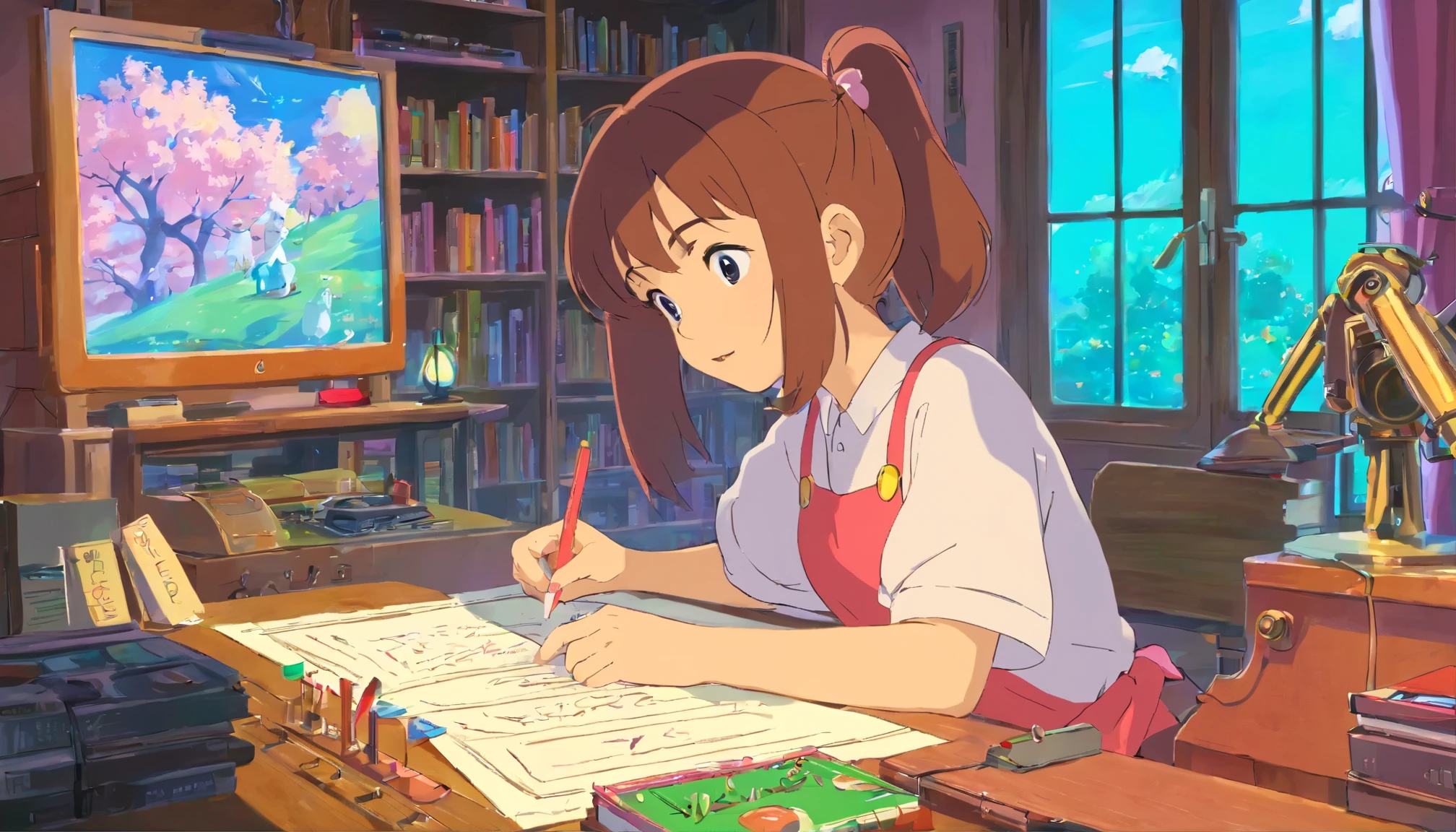 (((Girl's UP)))、Girl studying in room、、cute beautiful girl、Listening to music with headphones on、machine、Note、computer、light bulb、window、Chair、curtain、Pencil case、eraser、retro、80s 80s neon color、pastel colour、pink and blue room、