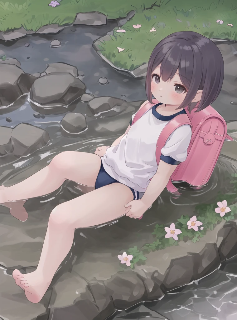 best quality, high res,
a (solo small short:1.5) cute young girl is carrying randoseru backpack and wearing navy buruma and gym uniform with colored hem and sitting by the riverside with lots of flowers and feet in the water
