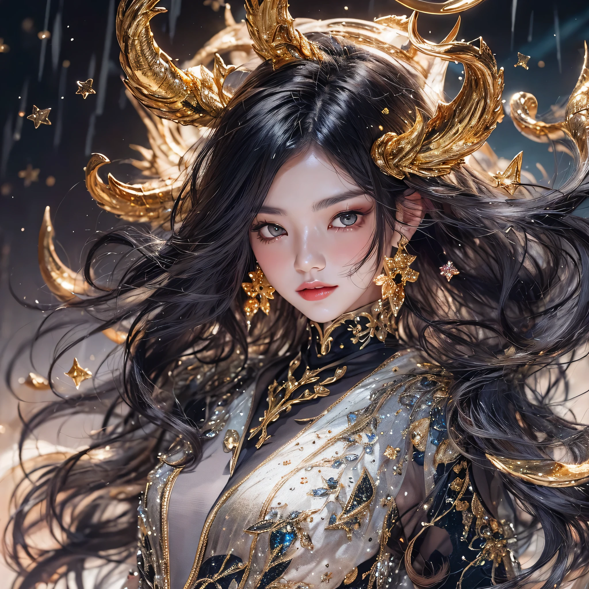 （（（Windproof goggles）））（windproof sunglasses）鹿角飞天九尾Light蓝天师炎发星，Black moonlit night, Gold and orange snake-print silk trousers，Rouge Diamond Tulle Sheer Lizard Print，very happy，Authentic and delicate texture，Strong visual impact，super detailed，dream girl，delicate face型，beautiful eyes，Hair floating in the air， cherry style，Zhou Xiaotong，crystal clear，Good sense of perspective，Light shadow effect，16KLight slip，surface reflected Light，flowing black hair，Water Goddess 32K，complicated，grace，Very detailed，Gorgeous，digital photography，Autumn Cowboy Shooting，Surrealism，broken ruby，defeat magic，Water magic entanglement，（masterpiece，Light，beautiful eyes：1.2），high dynamic range，void 5 energy storm，(china 1 girl，black eyes:1.5），rouge skin，Light skin，(sit on stone：1.5），delicate face，black hair，Put on Gorgeous golden armor，starry sky background，beautiful golden armor，it&#39;it&#39;it&#39;It&#39;s raining，beautiful，University Teachers&#39;Don&#39;t look at the audience，focus shift，masterpiece