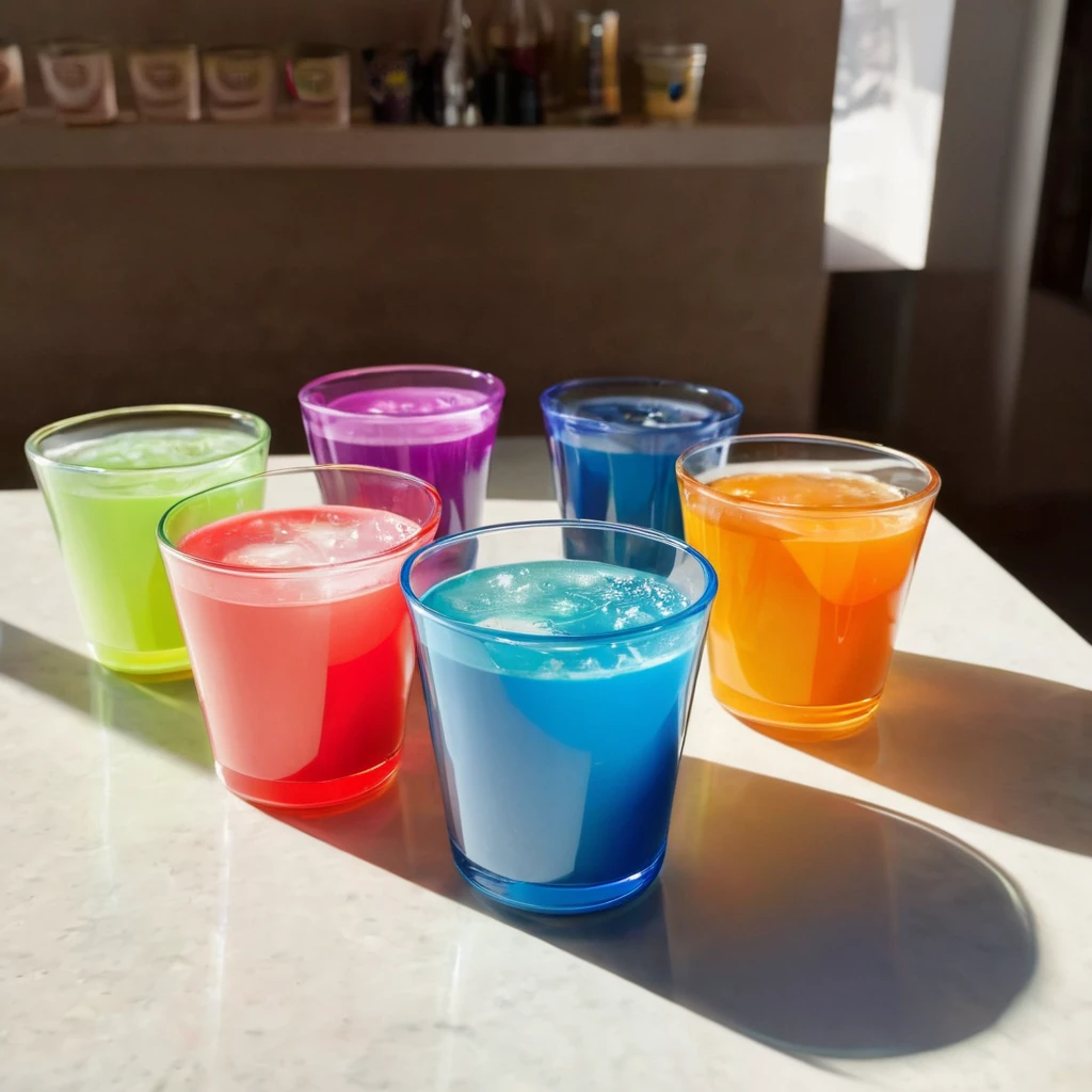 several (fun shaped, glass, children's cups) are on a counter, each one is filled with a different opacity drink. A bright light shows through them, displaying tyndall effect