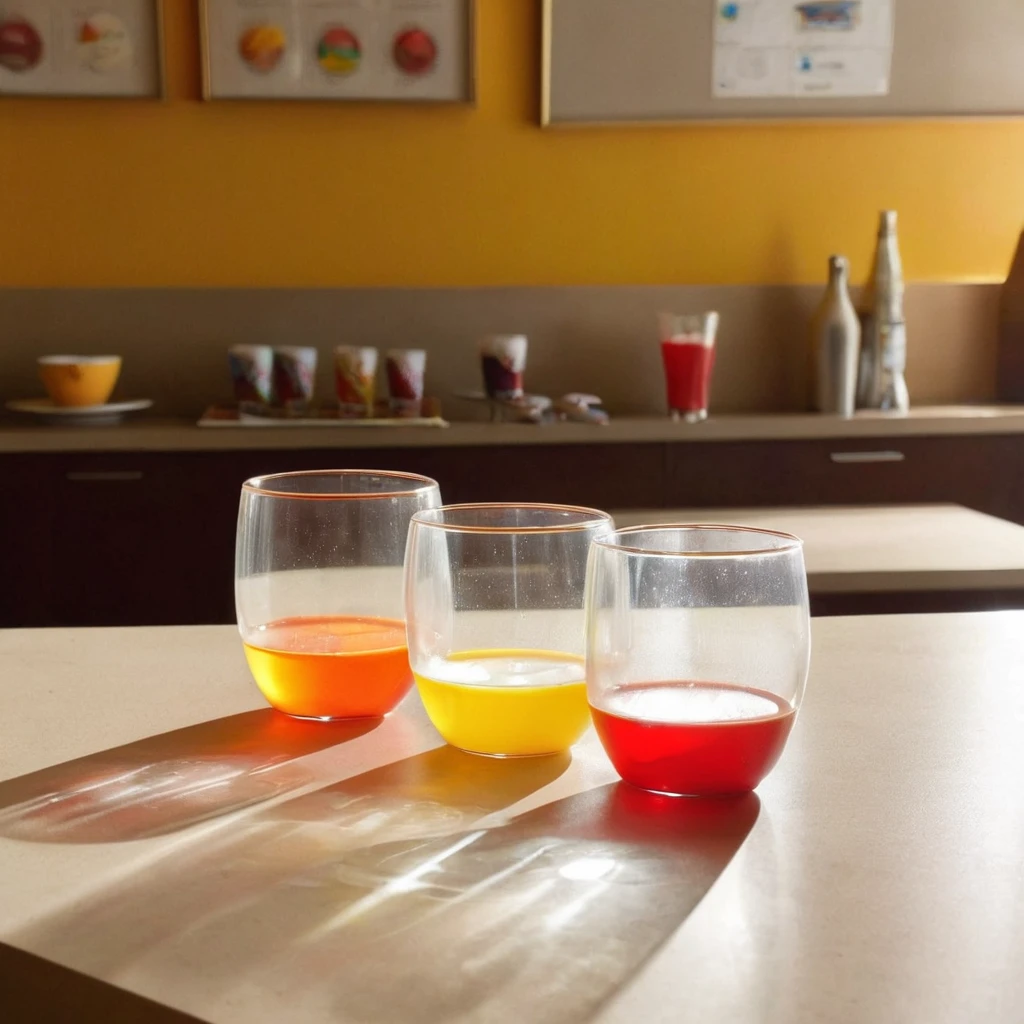 several (fun shaped, glass, children's cups) are on a counter, each one is filled with a different opacity drink. A bright light shows through them, displaying tyndall effect